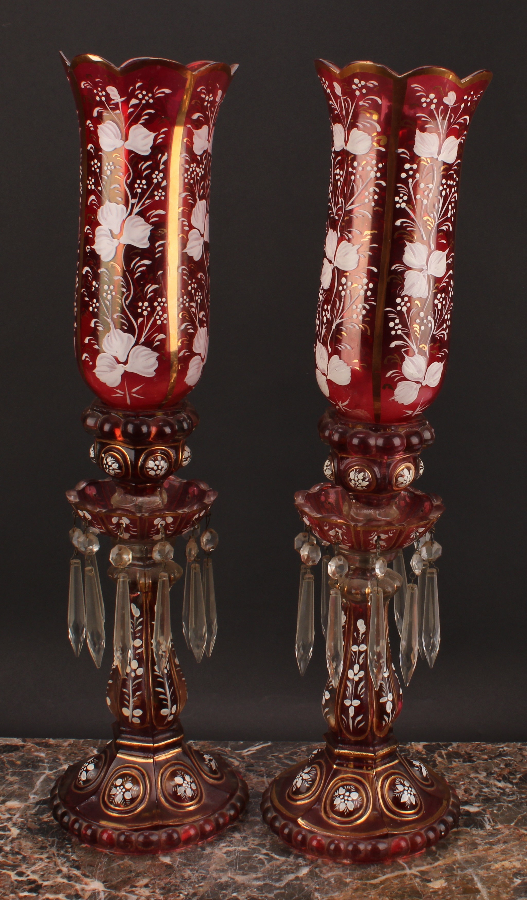 A pair of Bohemian cranberry flashed glass storm lantern candle lustres, decorated in opaque - Image 3 of 3