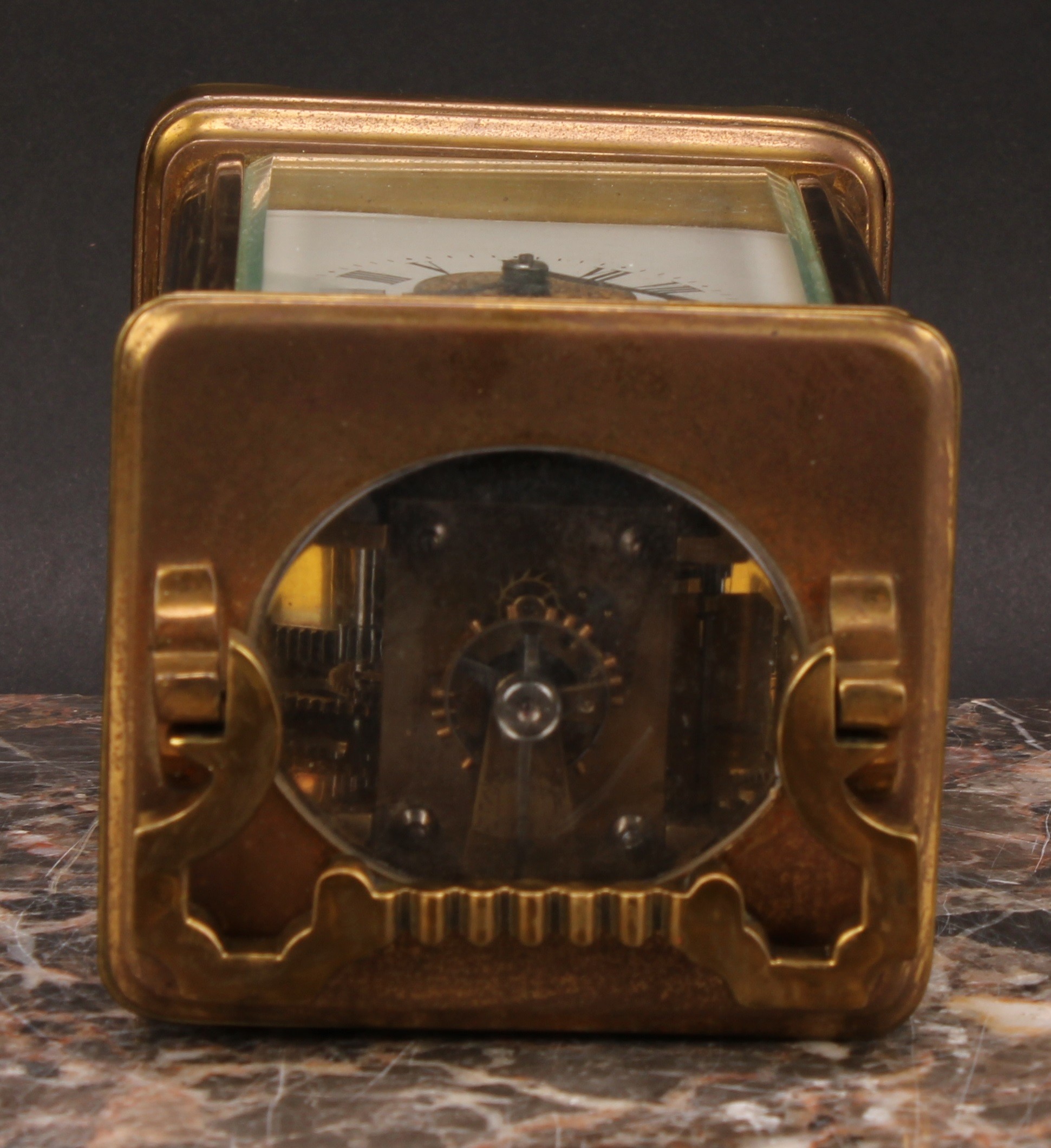 An early 20th century lacquered brass carriage clock, 6cm rectangular enamel dial inscribed with - Image 7 of 7