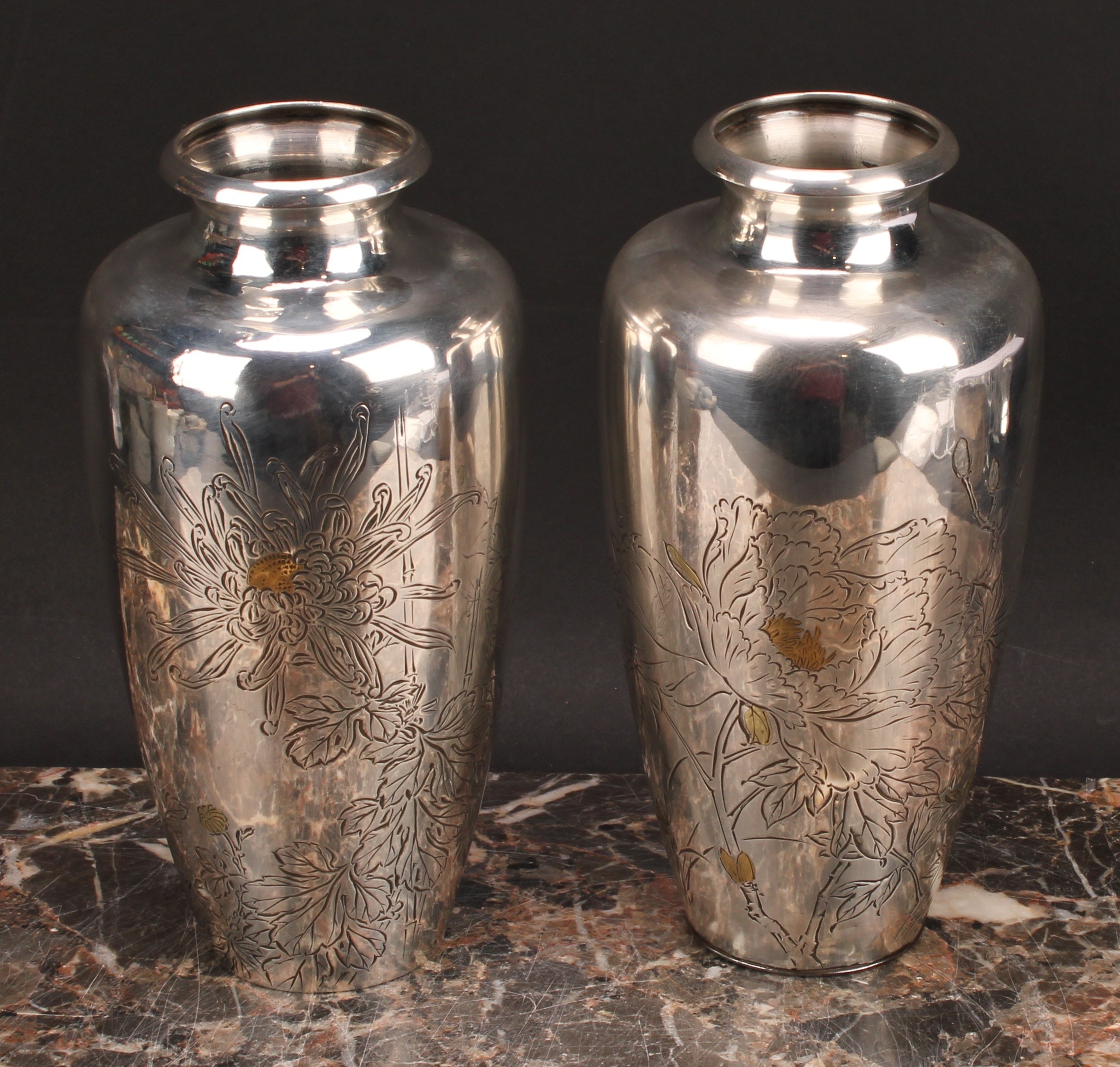 A pair of Japanese silver ovoid vases, chased with flowers picked out in gold coloured metal, 18cm - Image 2 of 6
