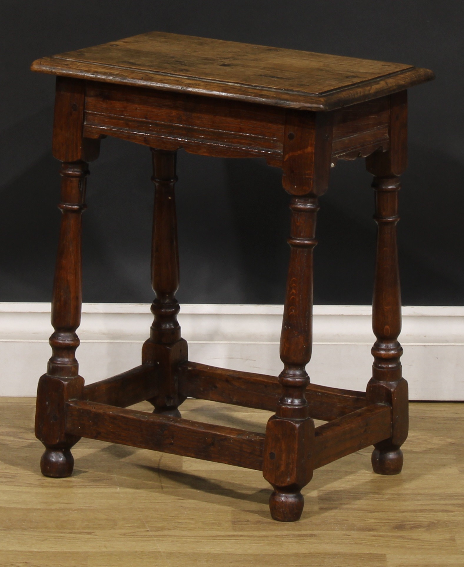 A 19th century oak joint stool, oversailing top above a moulded frieze, turned legs, plain - Image 3 of 4