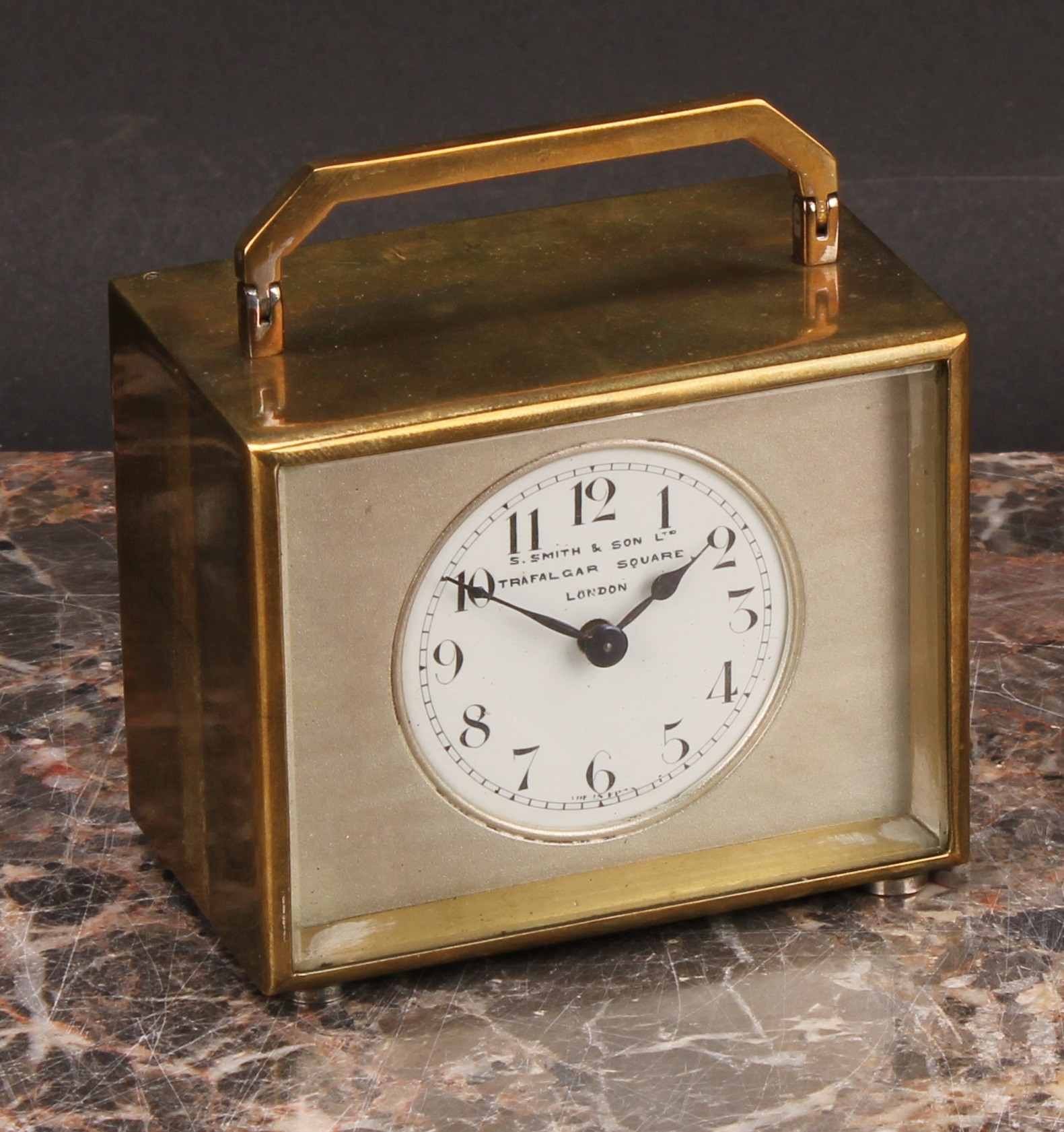 An early 20th century lacquered brass carriage timepiece, 4cm circular enamel dial inscribed S Smith - Image 3 of 6