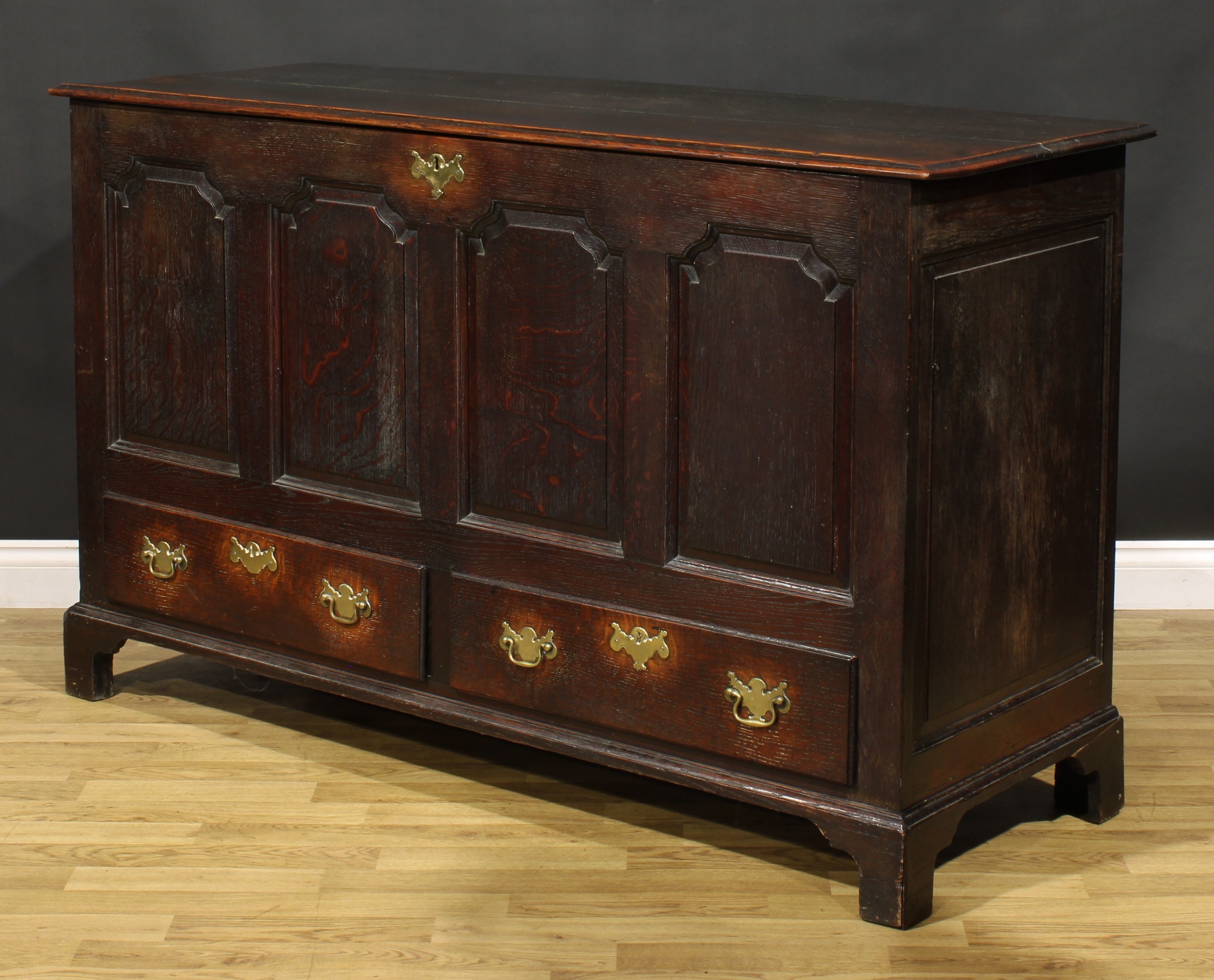 A George III oak mule chest, hinged top with moulded edge, above four shaped raised and fielded - Image 4 of 5