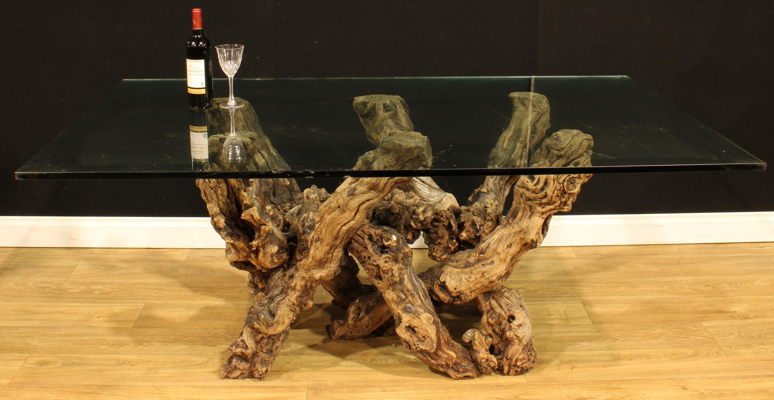A rootwood garden or orangery table, glass top, 74cm high, 180.5cm long, 107cm wide