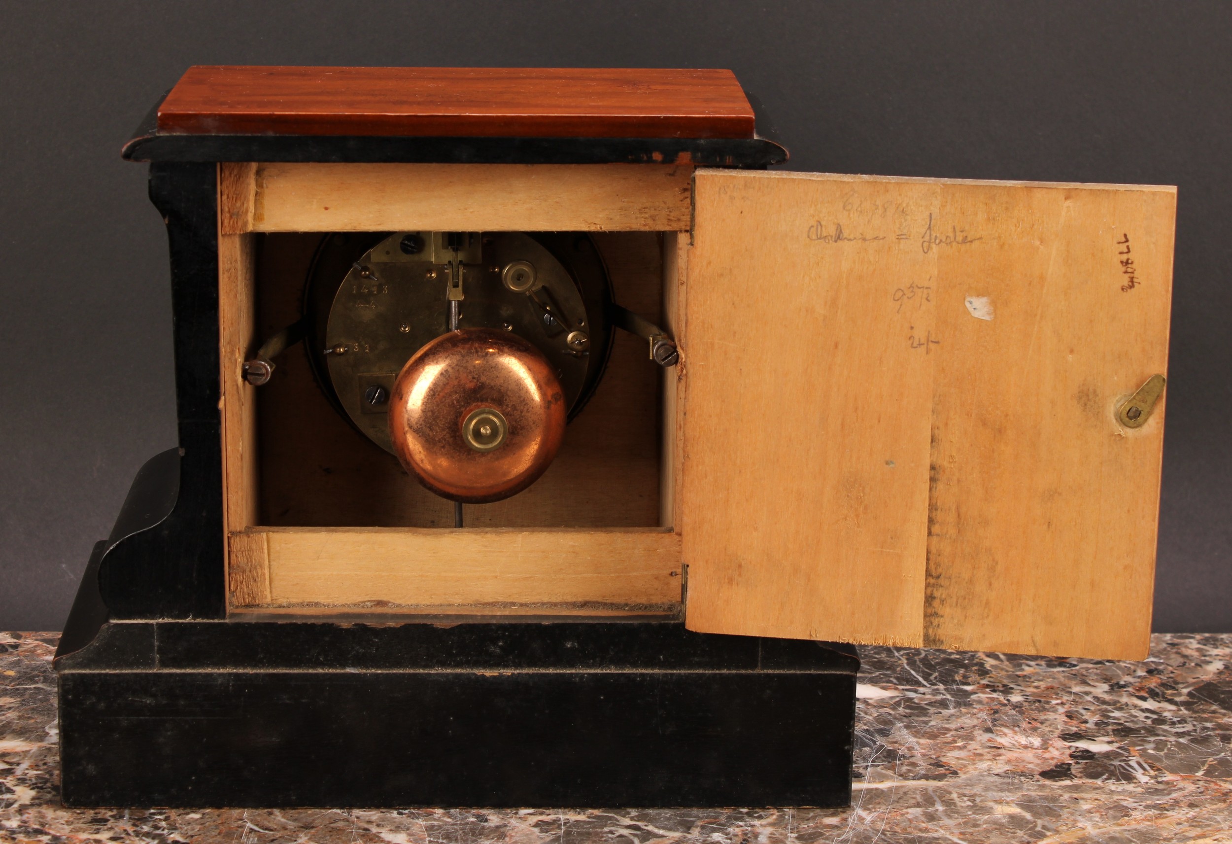 A late Victorian parcel-ebonised walnut mantel clock, 8.5cm circular enamel dial inscribed - Image 3 of 3