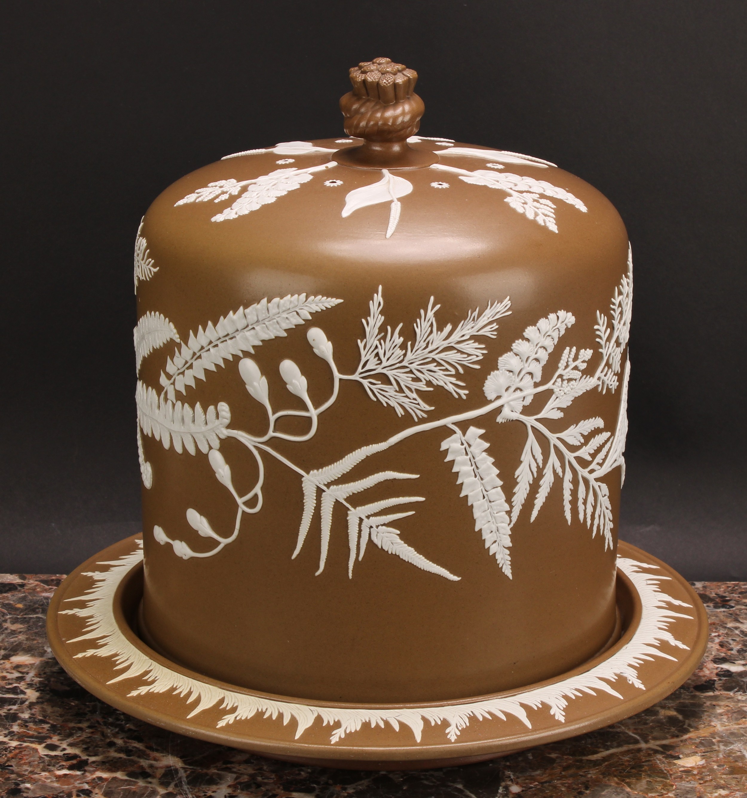 A large Victorian Staffordshire brown jasperware full-Stilton-size cheese dome, probably James - Image 2 of 5