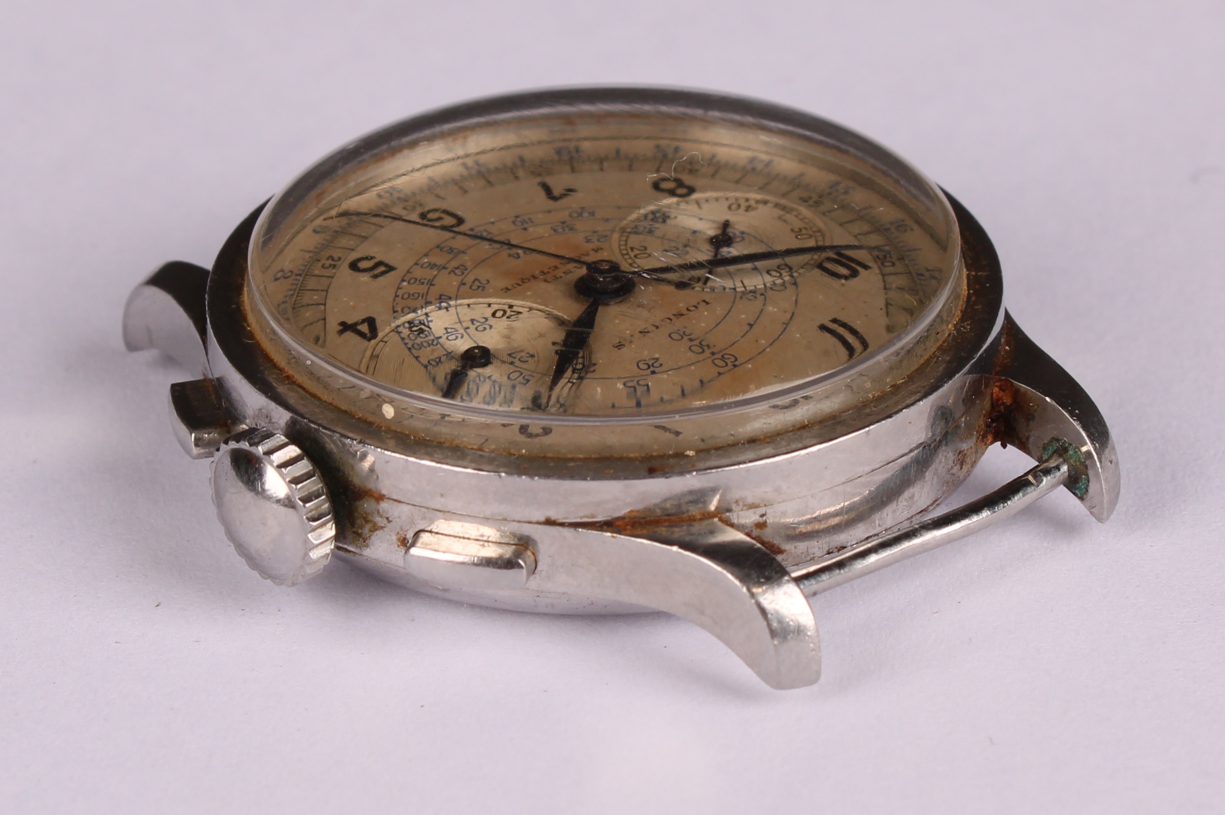 A Longines Telemetre stainless steel chronograph watch, silvered dial with Arabic numerals, pair - Image 4 of 5