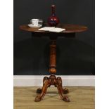 A Victorian walnut occasional table, quarter-veneered oval top with moulded edge and fall leaves,