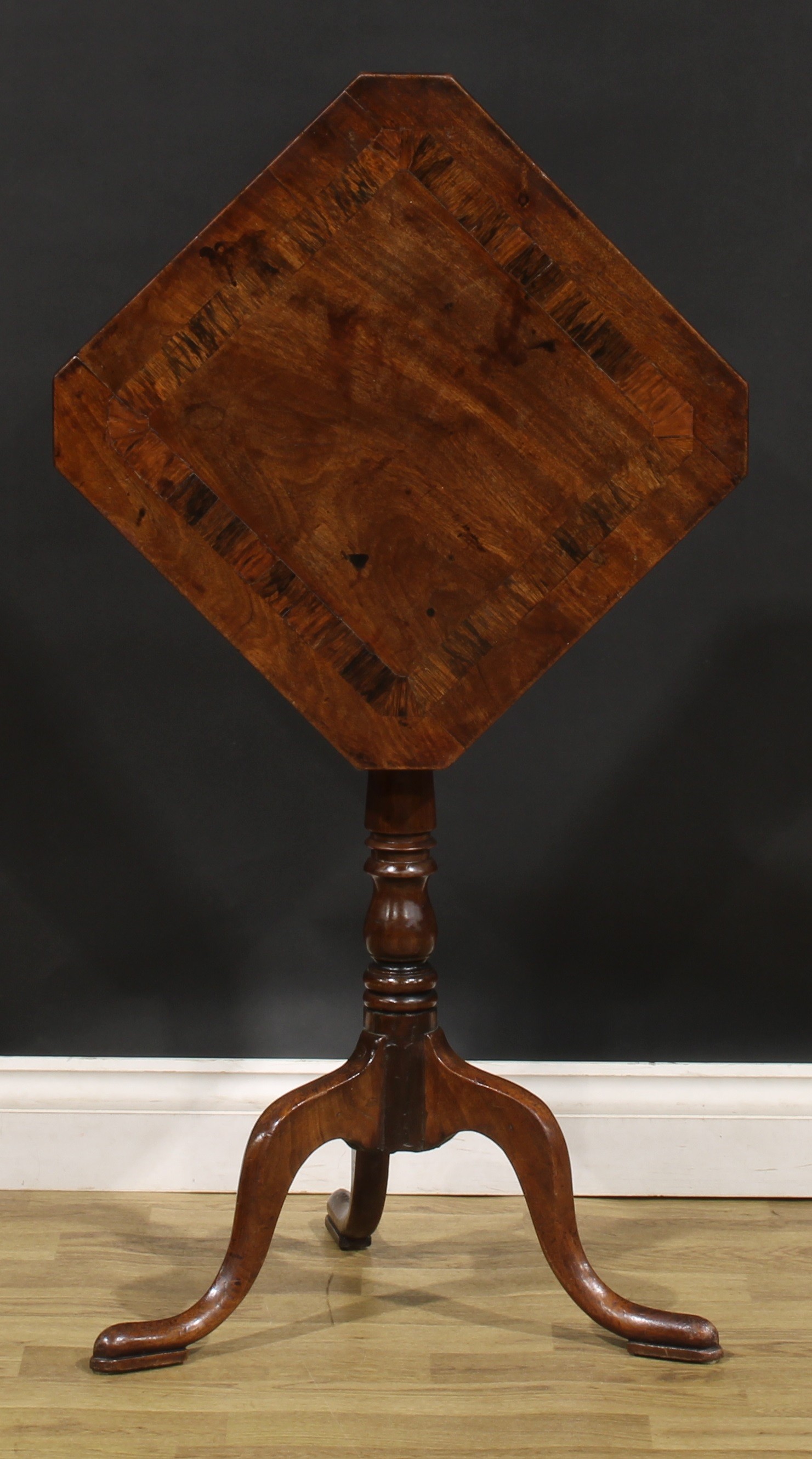A George III mahogany tripod wine table, canted square top inlaid with a broad rosewood band, 73.5cm - Image 3 of 4