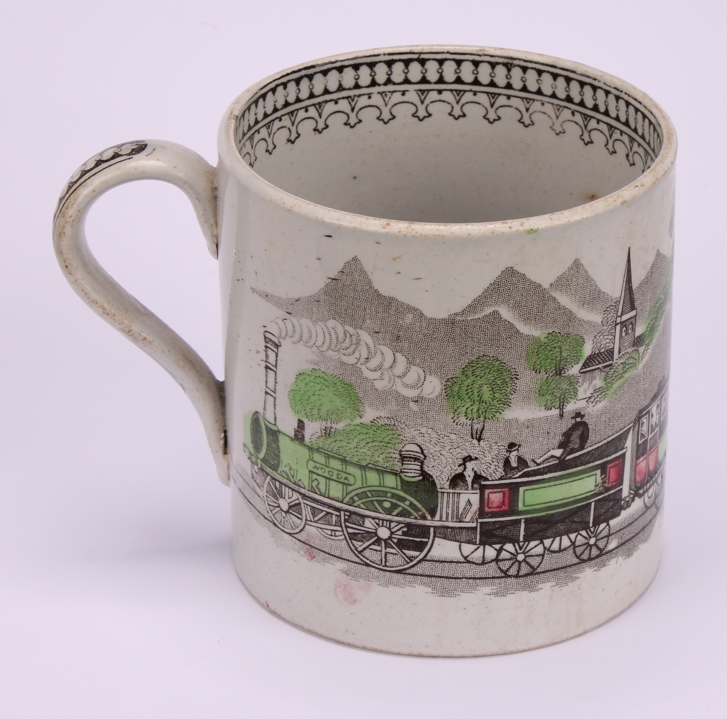 Railway Interest - steam locomotives, a 19th century Staffordshire pearlware mug, printed in sepia - Bild 7 aus 10