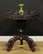 An Indo-Chinese or Vietnamese hardwood and mother of pearl marquetry tripod birdcage centre table,
