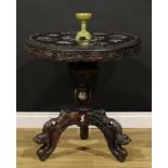 An Indo-Chinese or Vietnamese hardwood and mother of pearl marquetry tripod birdcage centre table,