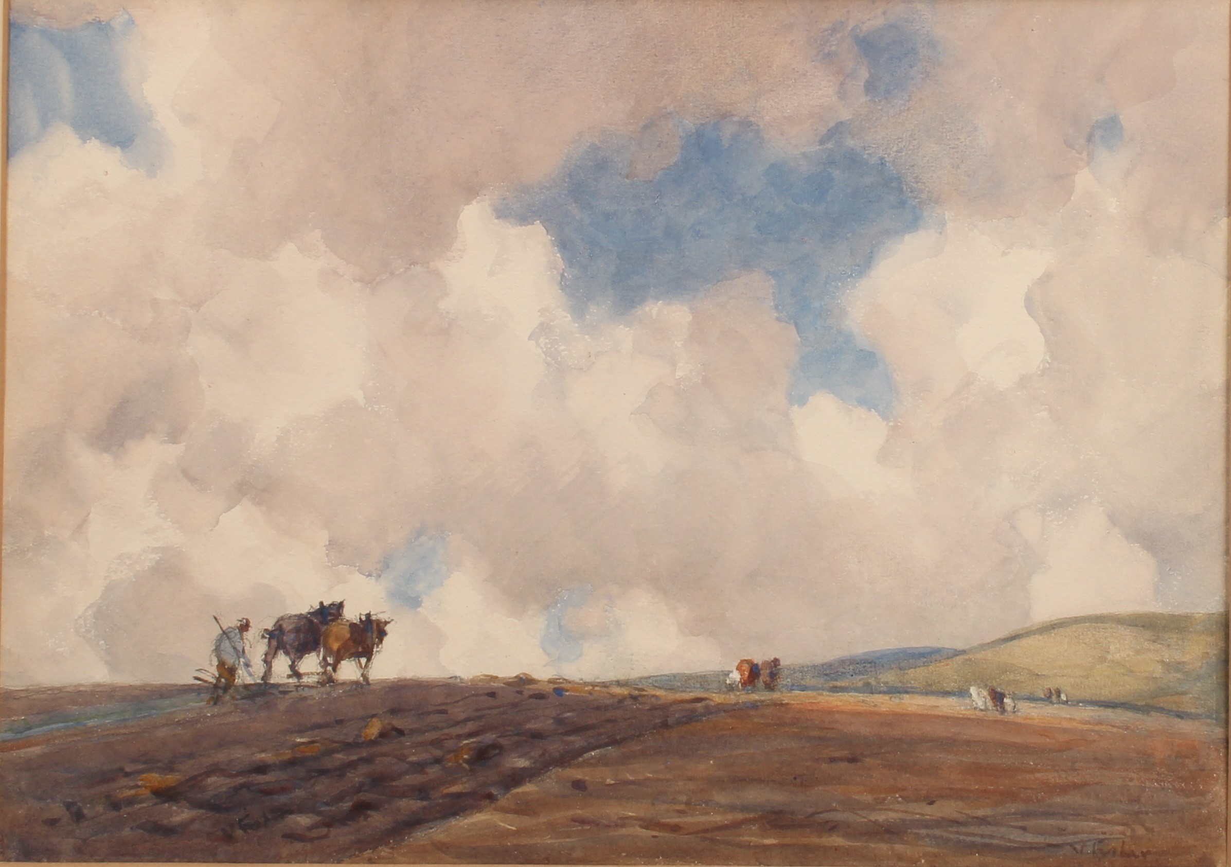 Joseph Henry Vignoles Fisher (1864-1945) Ploughing on the South Downs, signed, watercolour, 26.5cm x