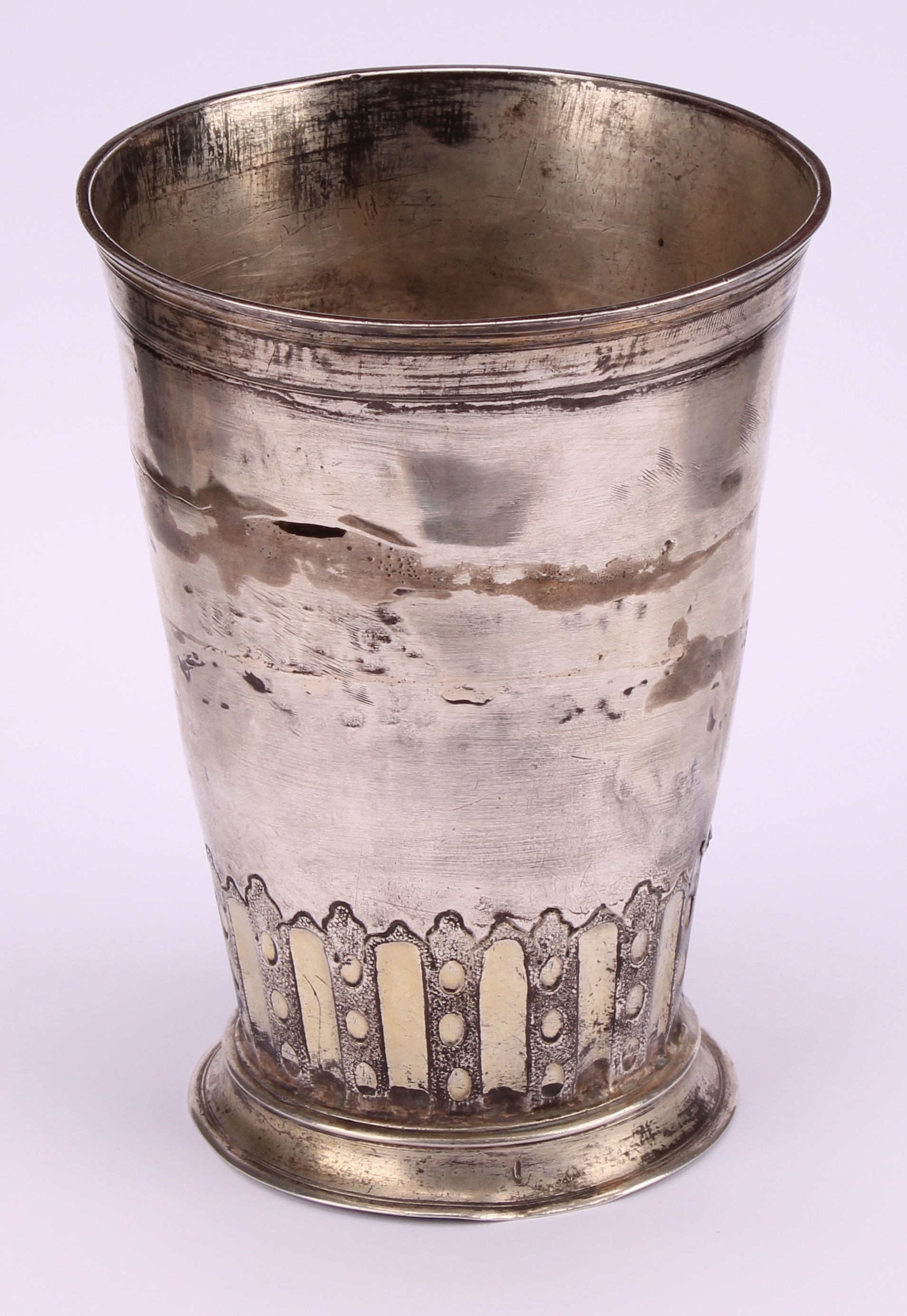 A large German silver tapered cylindrical beaker,fluted band above a skirted base, 15cm high, - Image 3 of 4