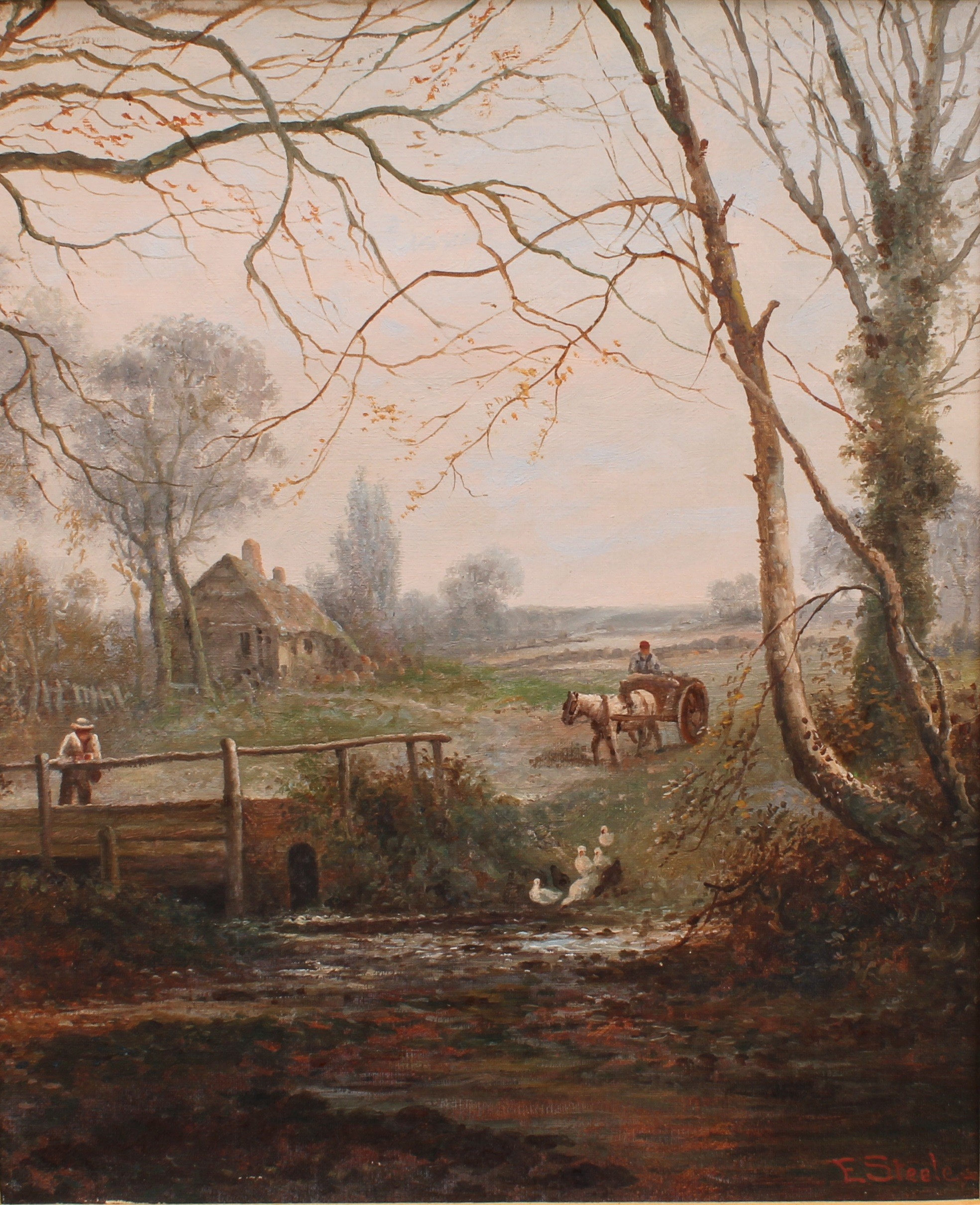 Edwin Steele (British, 1837-1898) Crossing the Ford, signed, oil on canvas, 34.5cm x 28cm