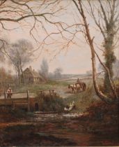 Edwin Steele (British, 1837-1898) Crossing the Ford, signed, oil on canvas, 34.5cm x 28cm