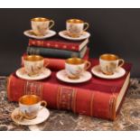 A set of six Royal Worcester coffee cups and saucers, painted by James Stinton, signed, with