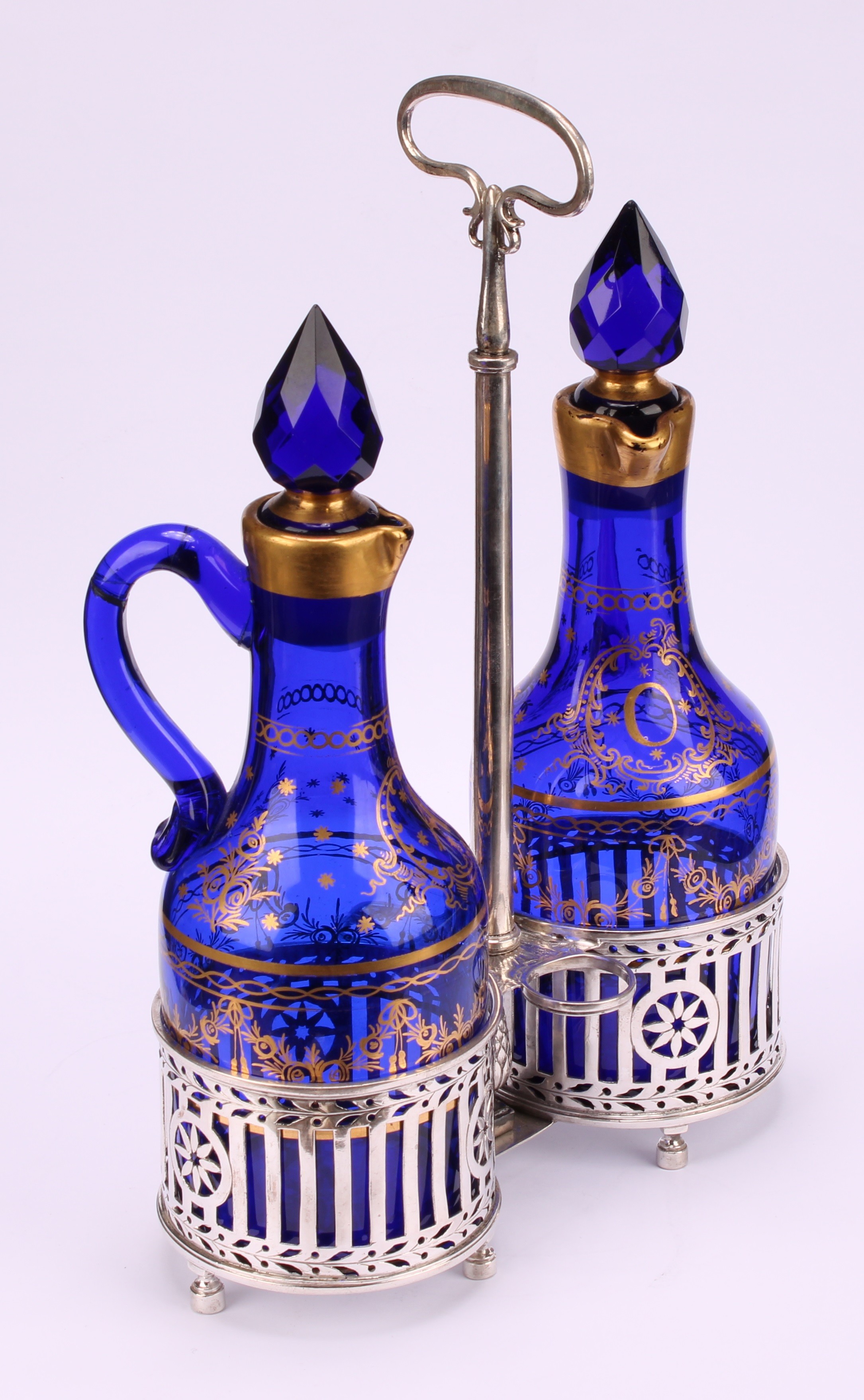 A 19th century Belgian silver two-bottle oil and vinegar cruet, gilded blue glass decanters and - Image 3 of 4