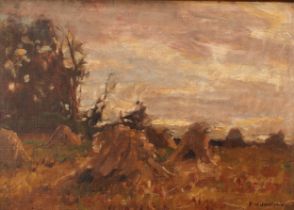 Frederick William Jackson (1859 - 1918) Corn Stooks at Twilight signed, oil on canvas on board, 26cm