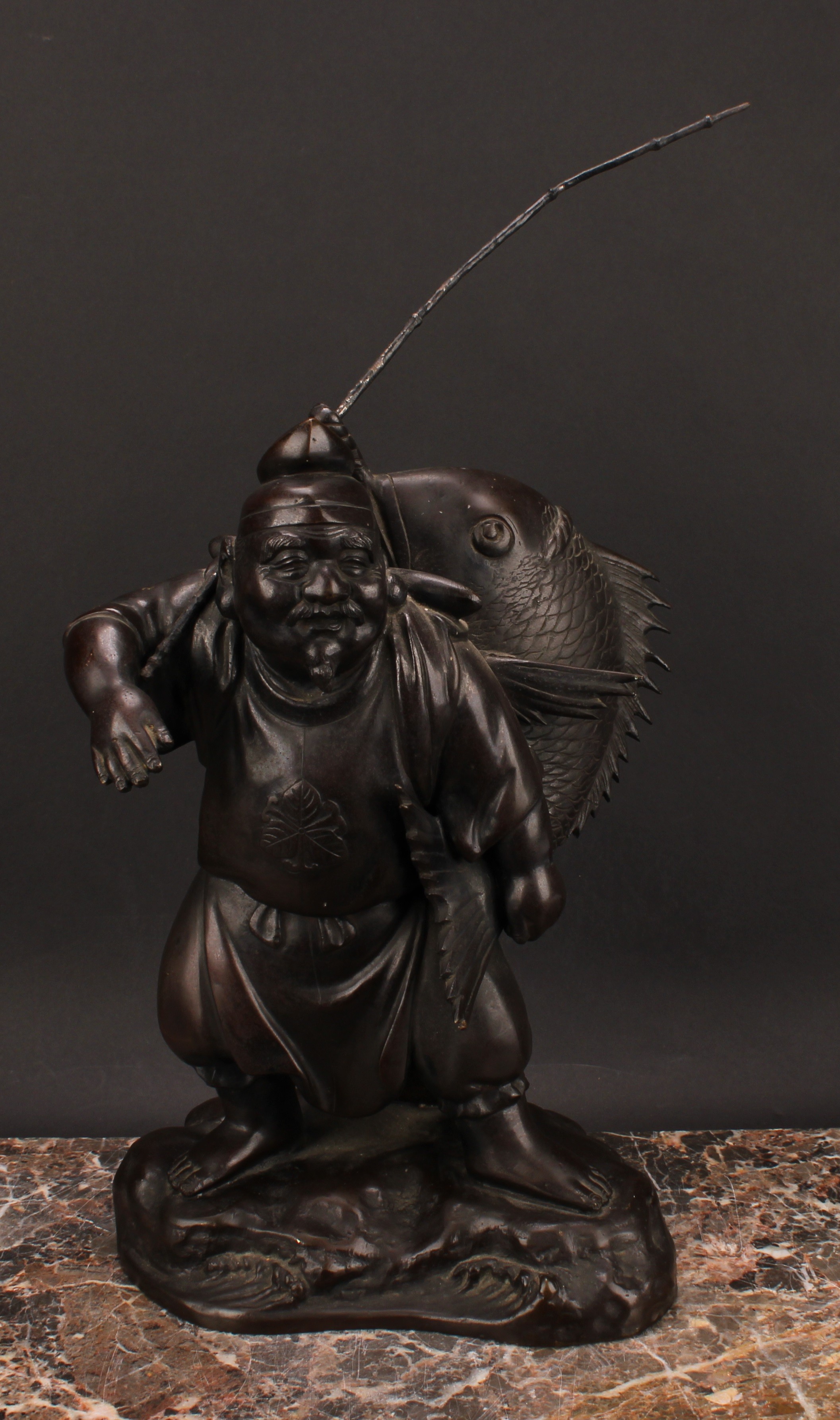 A Japanese bronze figure, Ebisu, the Japanese god of fishermen and luck, 35.5cm high excluding rod - Image 2 of 5