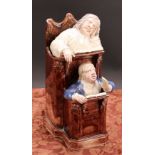 A Staffordshire pearlware figure group, The Vicar and Moses, with a sleeping vicar in the higher