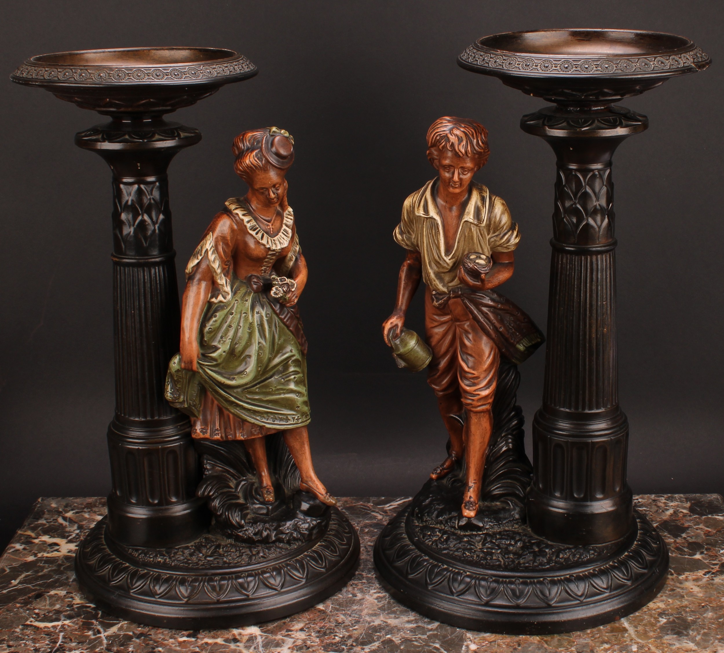 A pair of Gerbing & Stephan figural table comports, each as a young gatherer, he with a basket of - Image 2 of 10