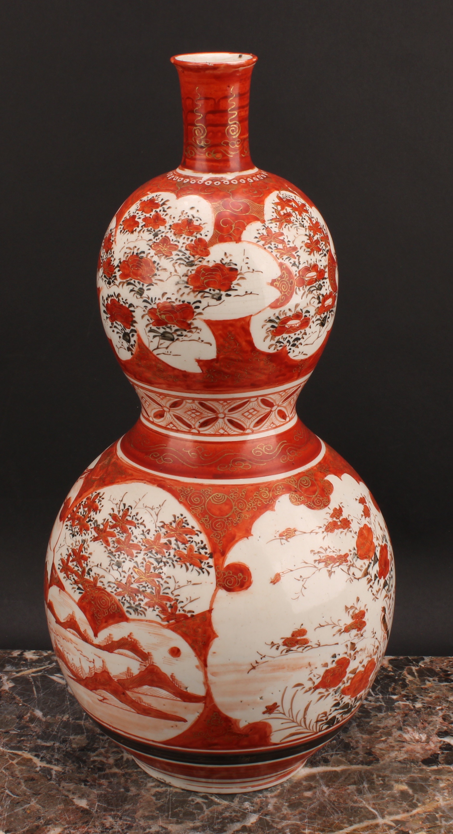 A Japanese Kutani double gourd vase, painted in the typical palette with a deity seated on a - Image 4 of 5