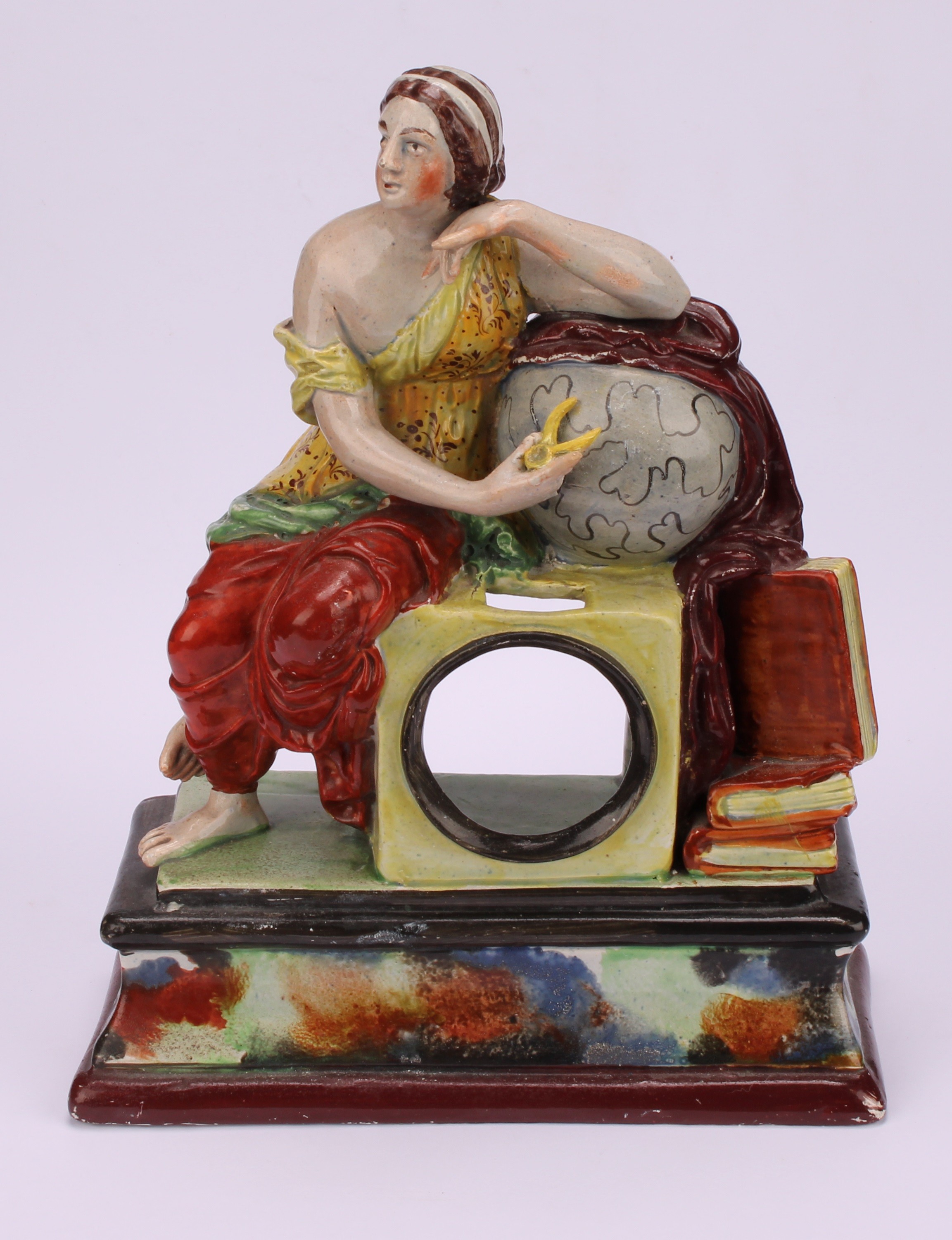 A Staffordshire pearlware pocket watch stand, modelled as Urania, The Muse of Astronomy, seated upon - Bild 2 aus 5