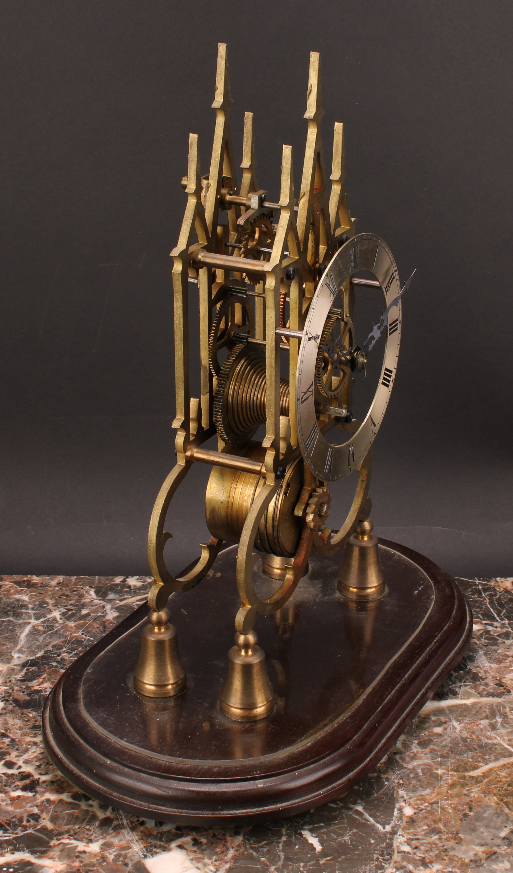 A 19th century style skeleton timepiece, in the Gothic taste, 13cm silvered clock dial inscribed - Image 3 of 4