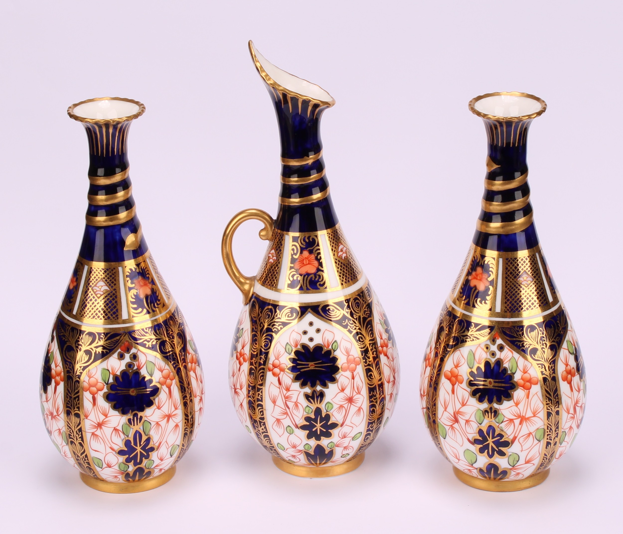 A pair of Royal Crown Derby 1128 Imari pattern ovoid bottle vases, the slender necks moulded with - Image 2 of 10