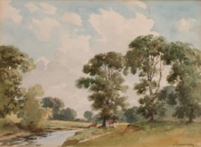 Percy Lancaster (1878-1951) Cows Beside the River, signed, watercolour, 25cm x 34cm