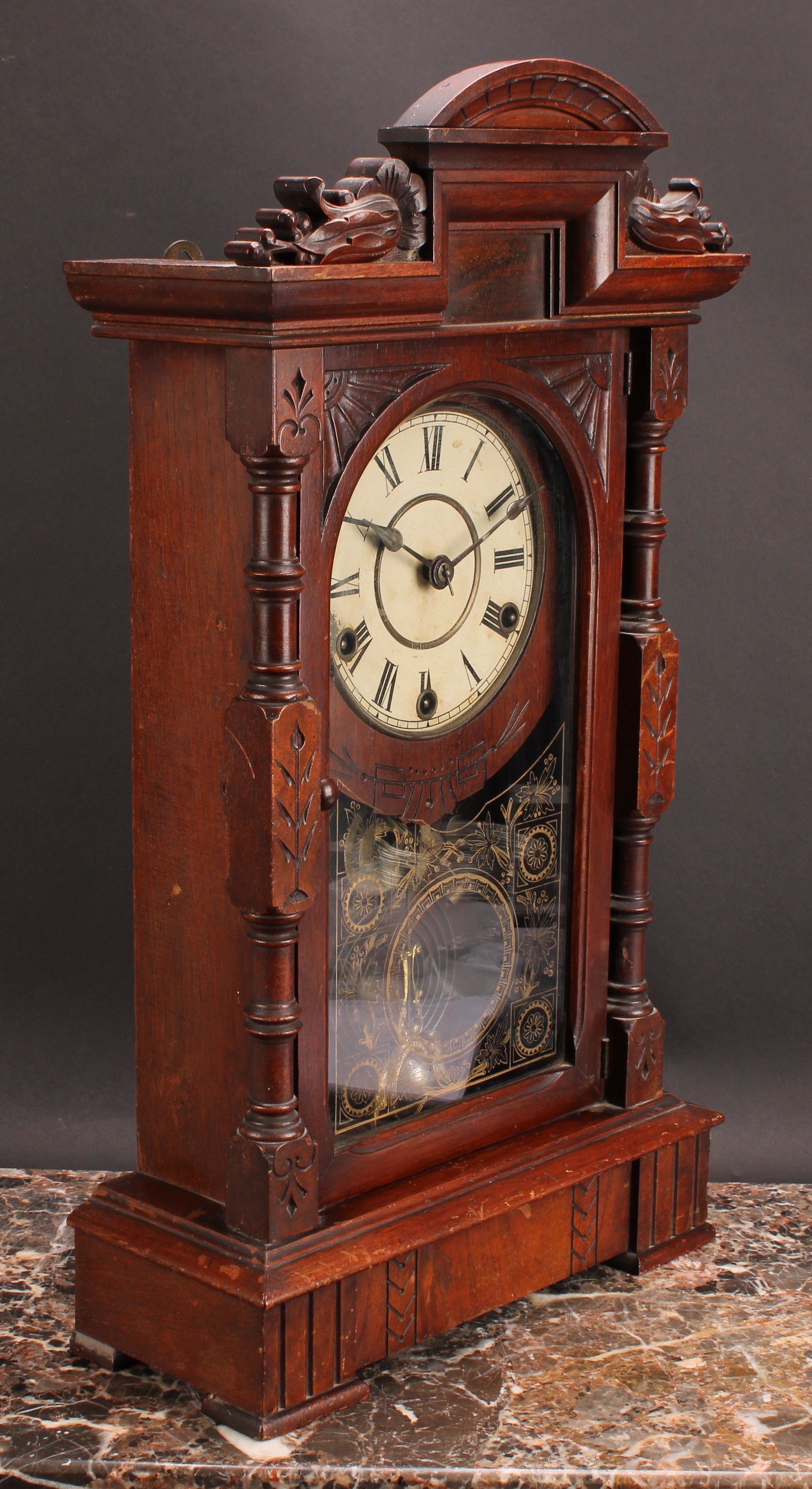 A 19th century American musical shelf clock, 14cm painted dial inscribed with Roman numerals, - Image 2 of 3