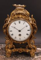 A Charles X ormolu table timepiece, 10.5cm convex enamel clock dial inscribed with Roman numerals,
