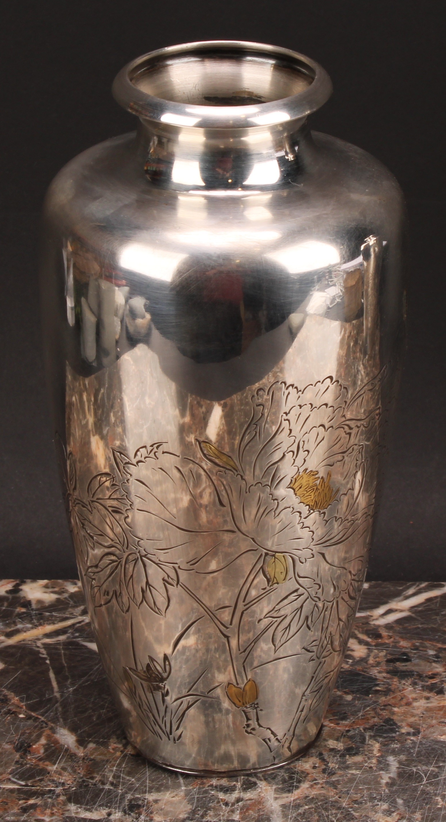 A pair of Japanese silver ovoid vases, chased with flowers picked out in gold coloured metal, 18cm - Image 5 of 6