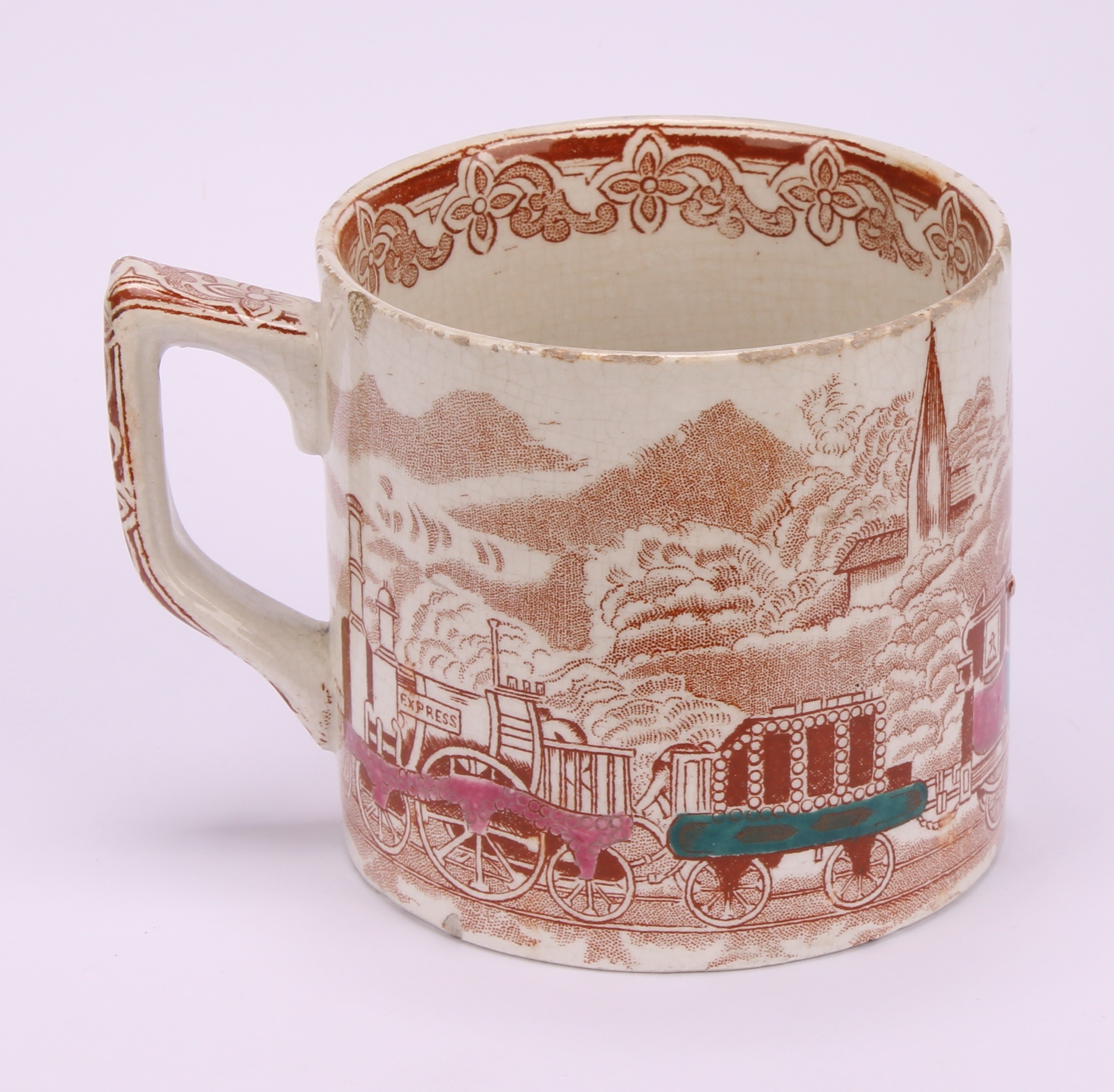 Railway Interest - steam locomotives, a 19th century Staffordshire pearlware mug, printed in sepia - Image 7 of 10