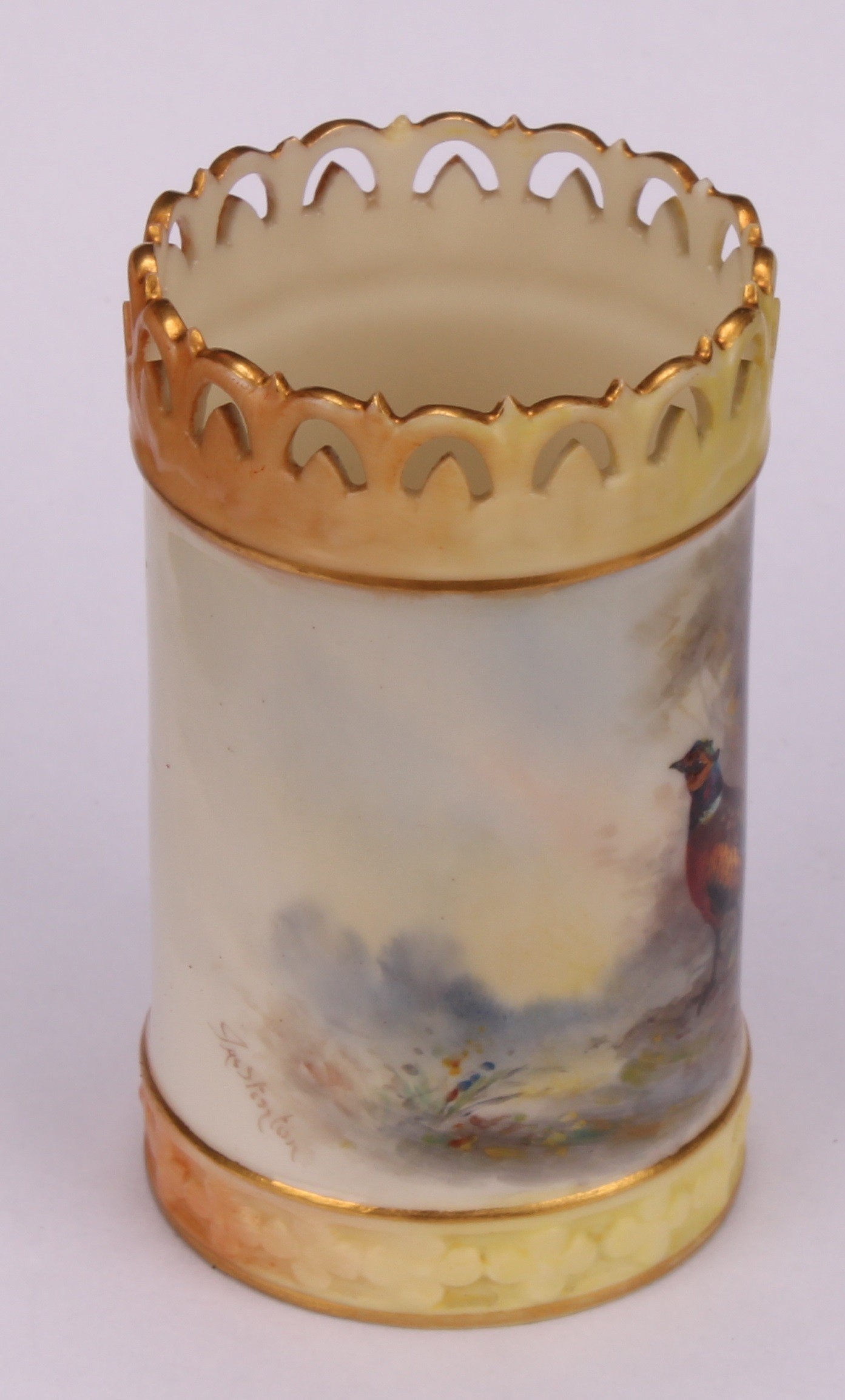 A Royal Worcester cylindrical vase, painted by Jas Stinton, signed, with pheasant in a landscape, - Image 3 of 7