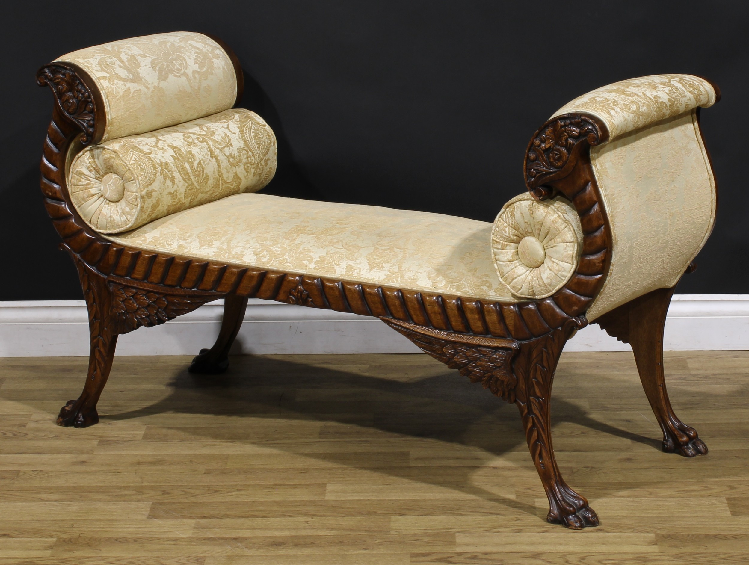 An American Empire Revival neoclassical mahogany window seat, Récamier-form arms carved as - Image 3 of 4