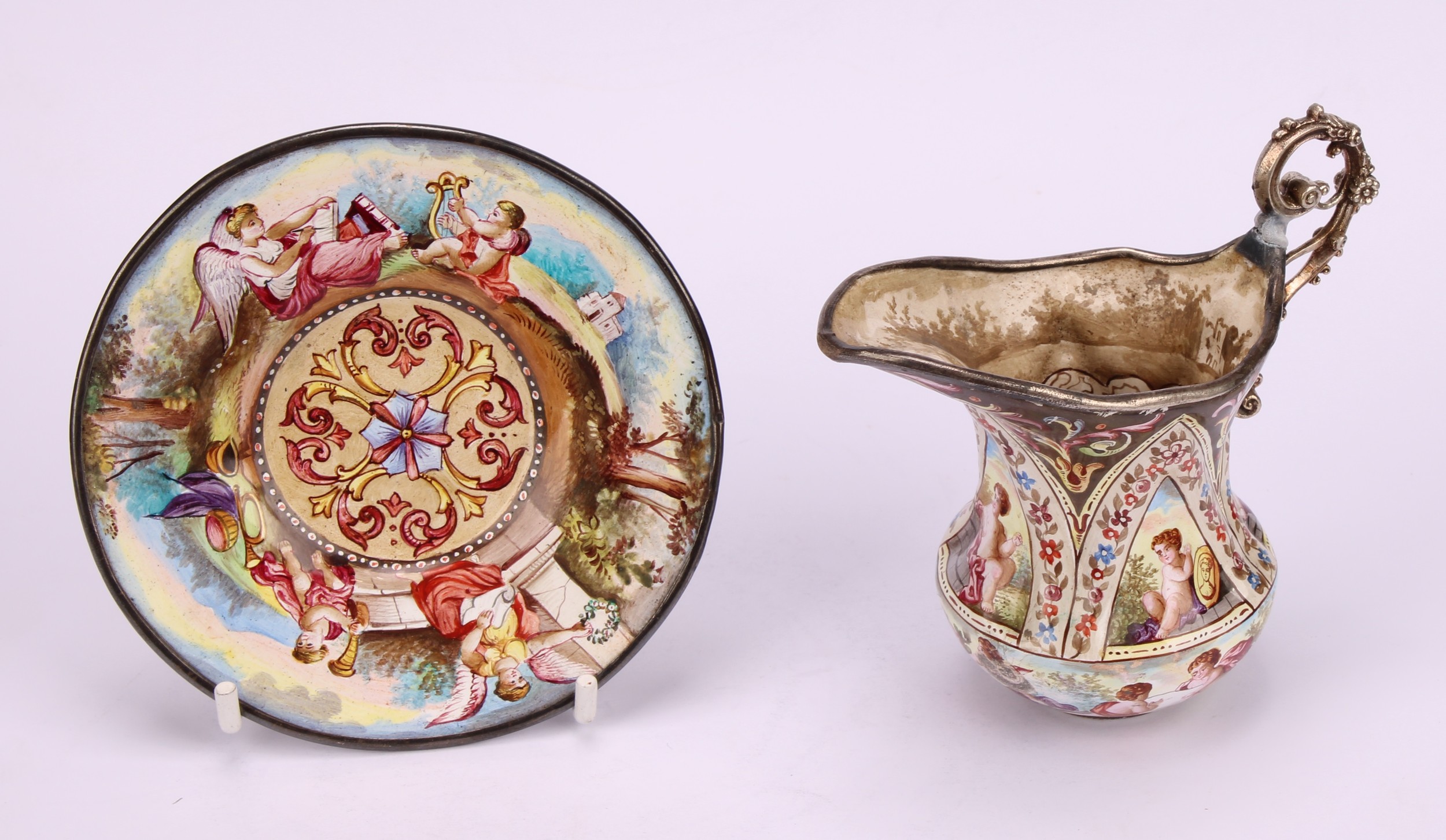 An Austrian enamel miniature ewer and basin, decorated in polychrome in the 18th century taste - Image 10 of 13