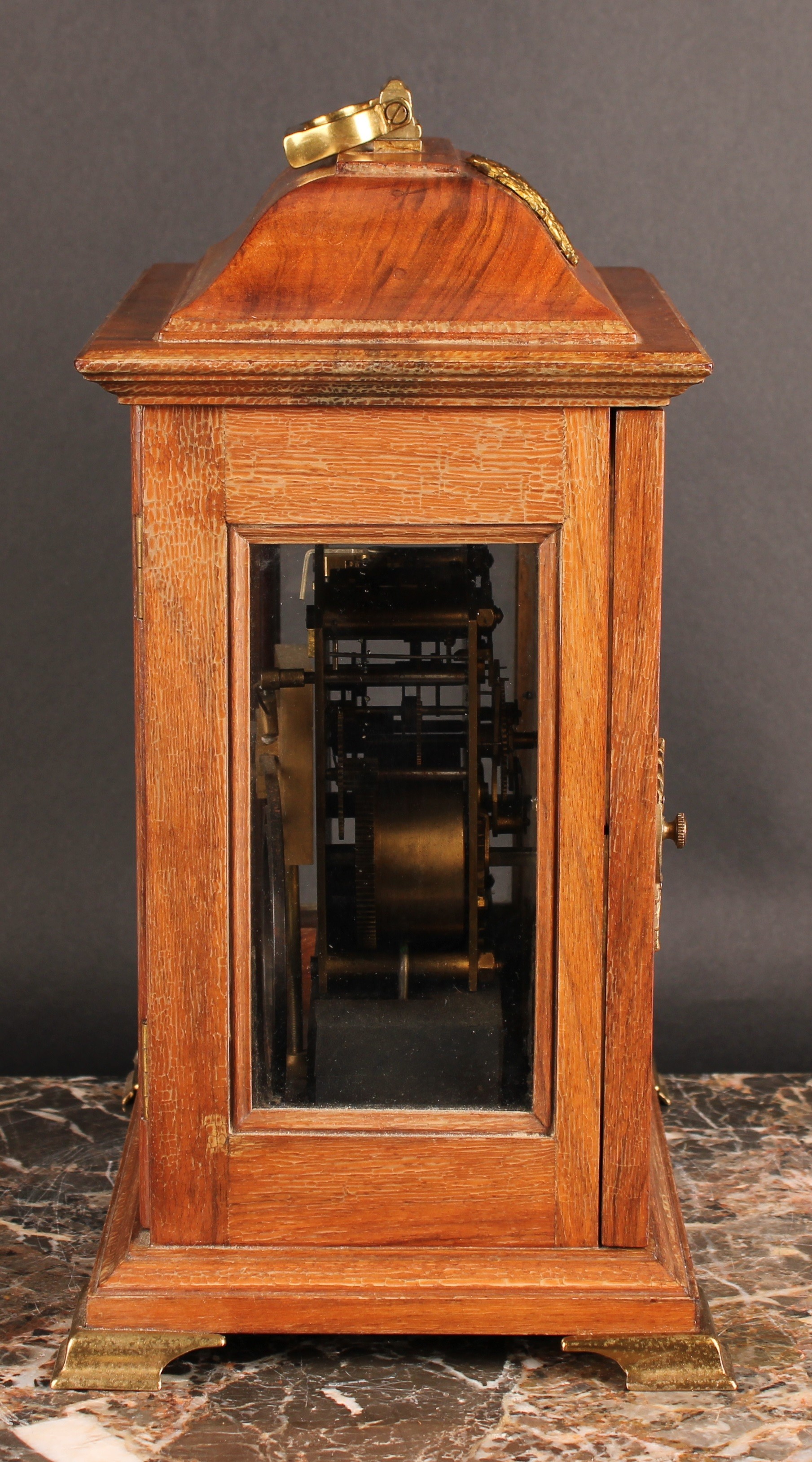 An early to mid 20th century walnut bracket-form mantel clock, 17.5cm brass dial with silvered - Image 3 of 5