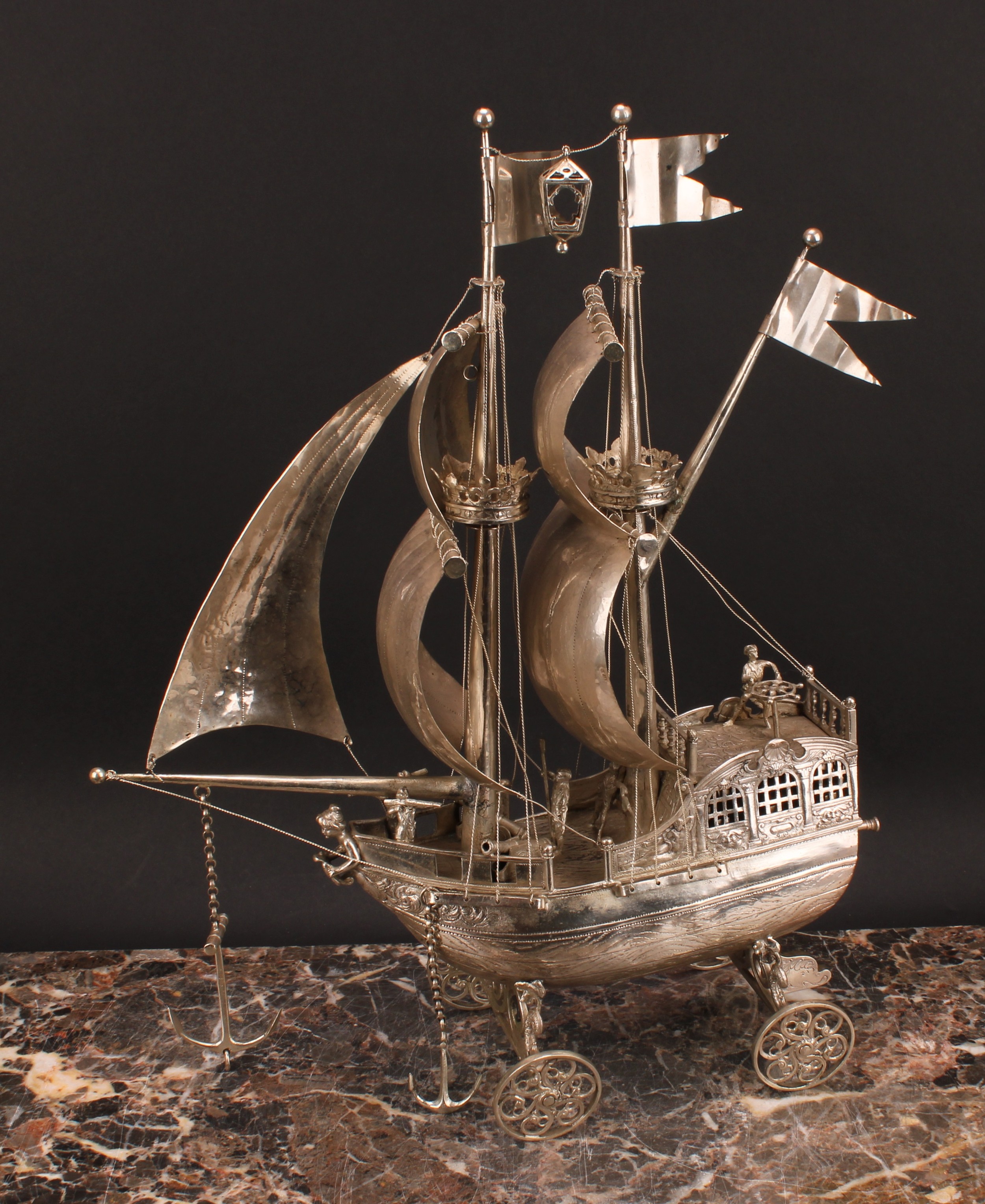 A Dutch silver nef, typically cast and wrought as a two-masted sailing ship, with billowing sails - Image 2 of 5