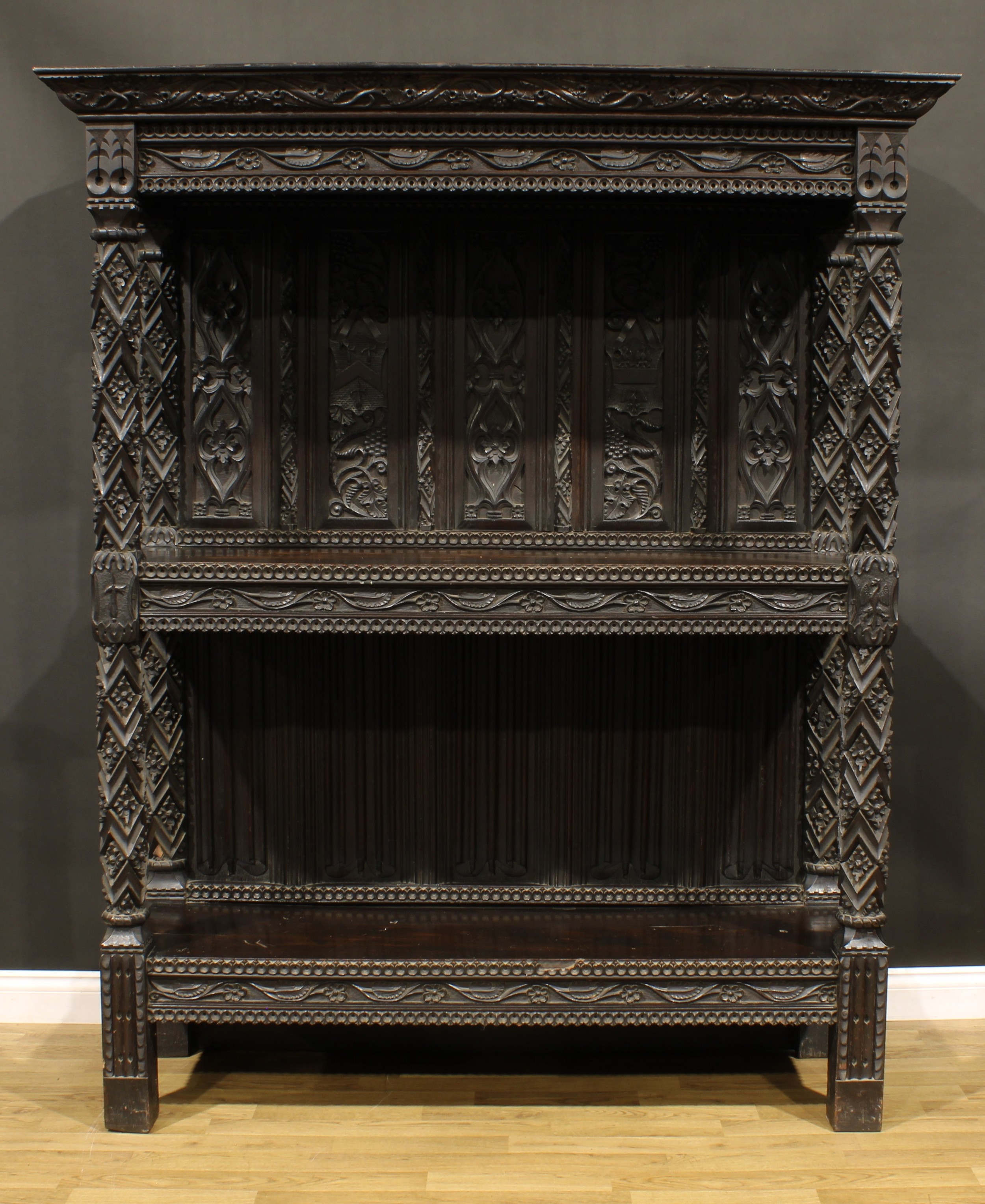 A 19th century oak buffet or cup-board, in the manner of George Shaw, outswept cornice above two - Image 2 of 4