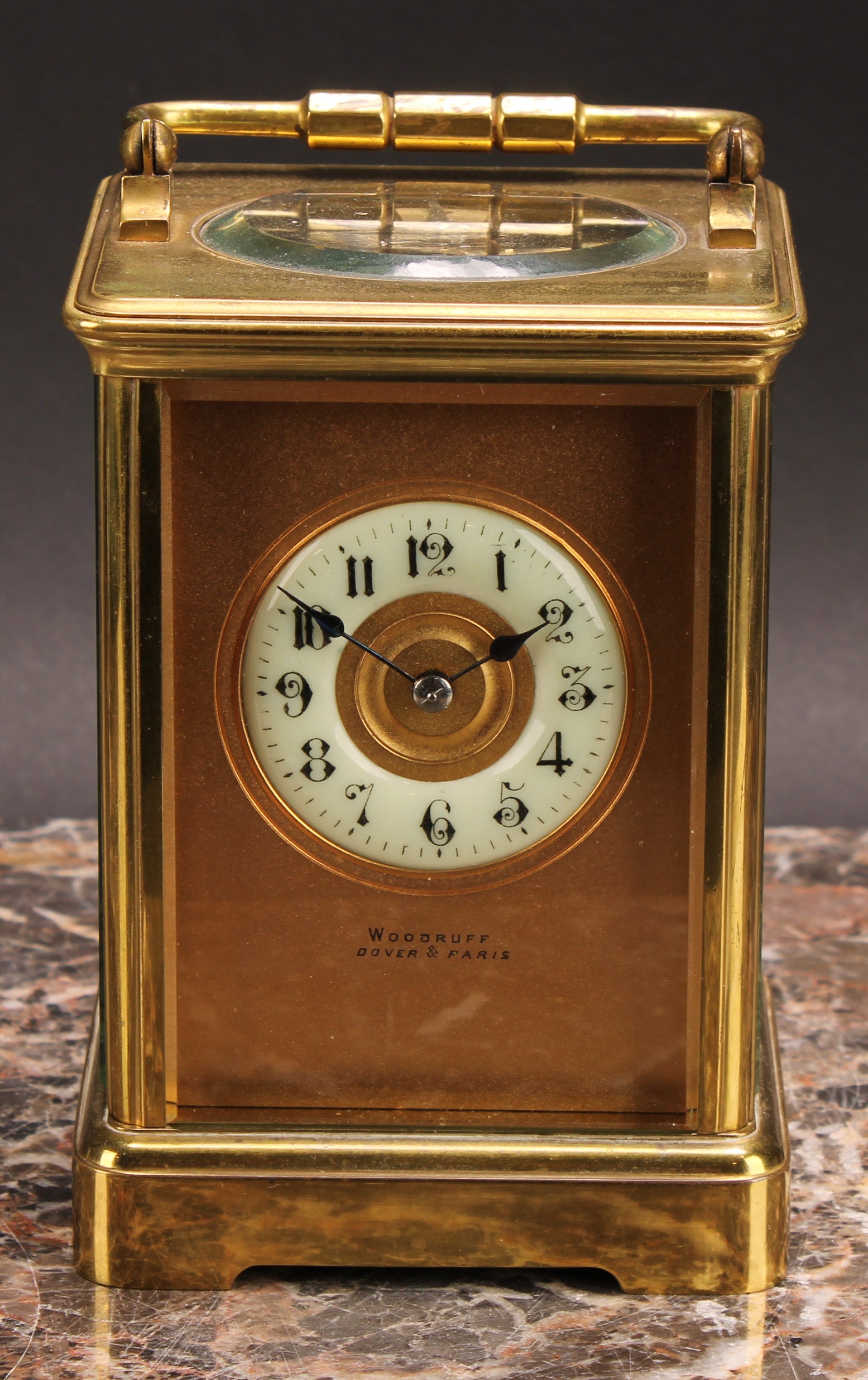 A late 19th century lacquered brass carriage clock, the gilt dial inscribed Woodruff, Dover & Paris, - Image 2 of 6