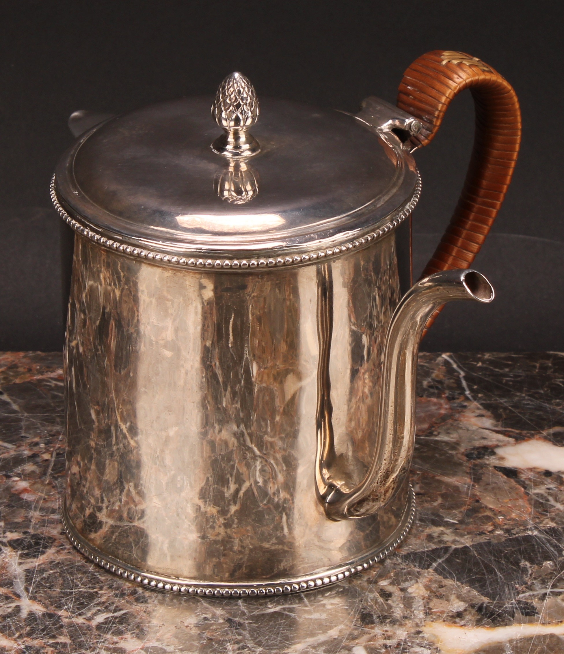 A George III silver cylindrical argyle, hinged cover with bud finial, beaded borders, cane-wrapped - Bild 3 aus 6