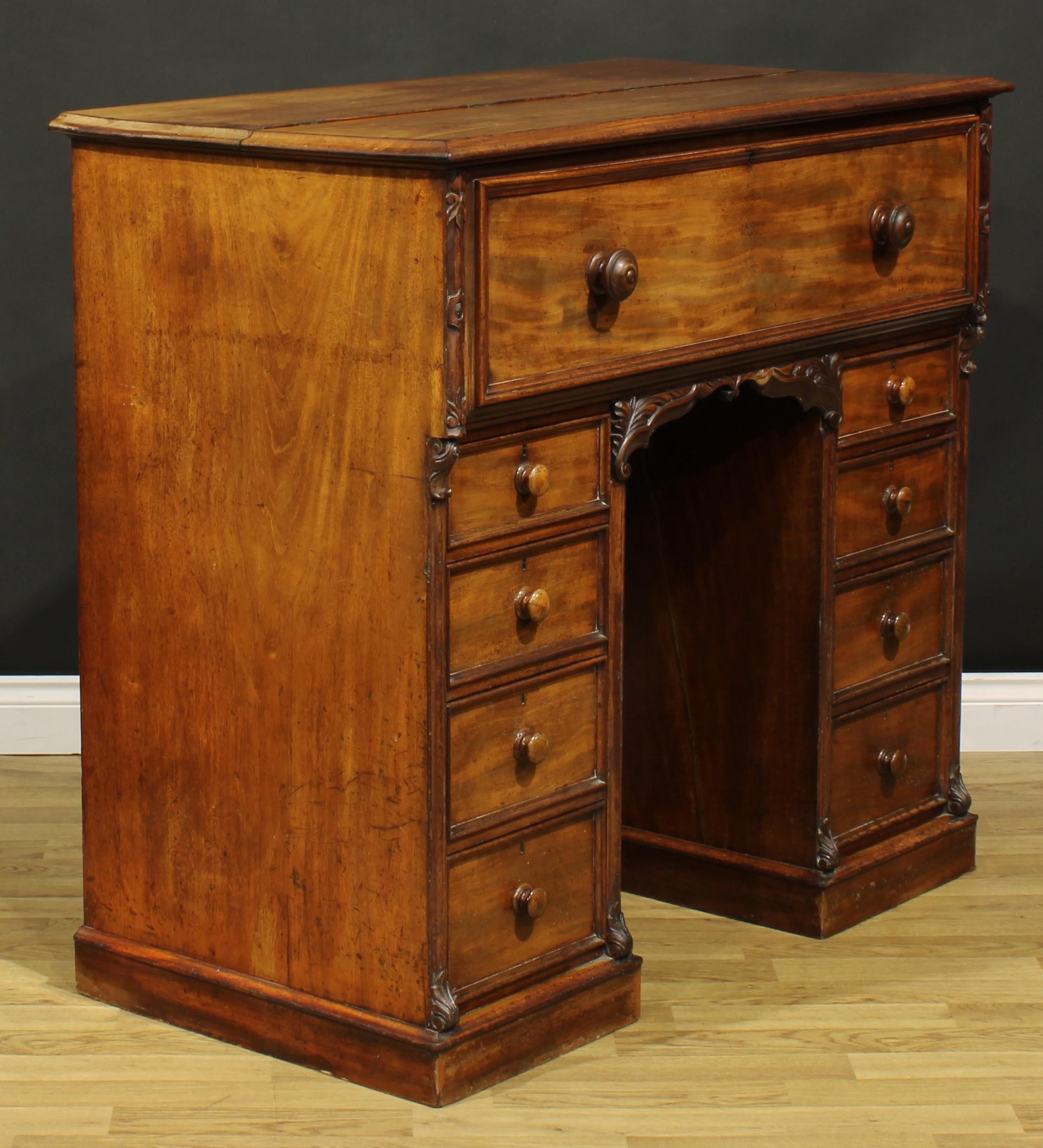 A Victorian mahogany secretaire kneehole desk, hinged top and fall front enclosing a tooled and gilt - Image 4 of 7