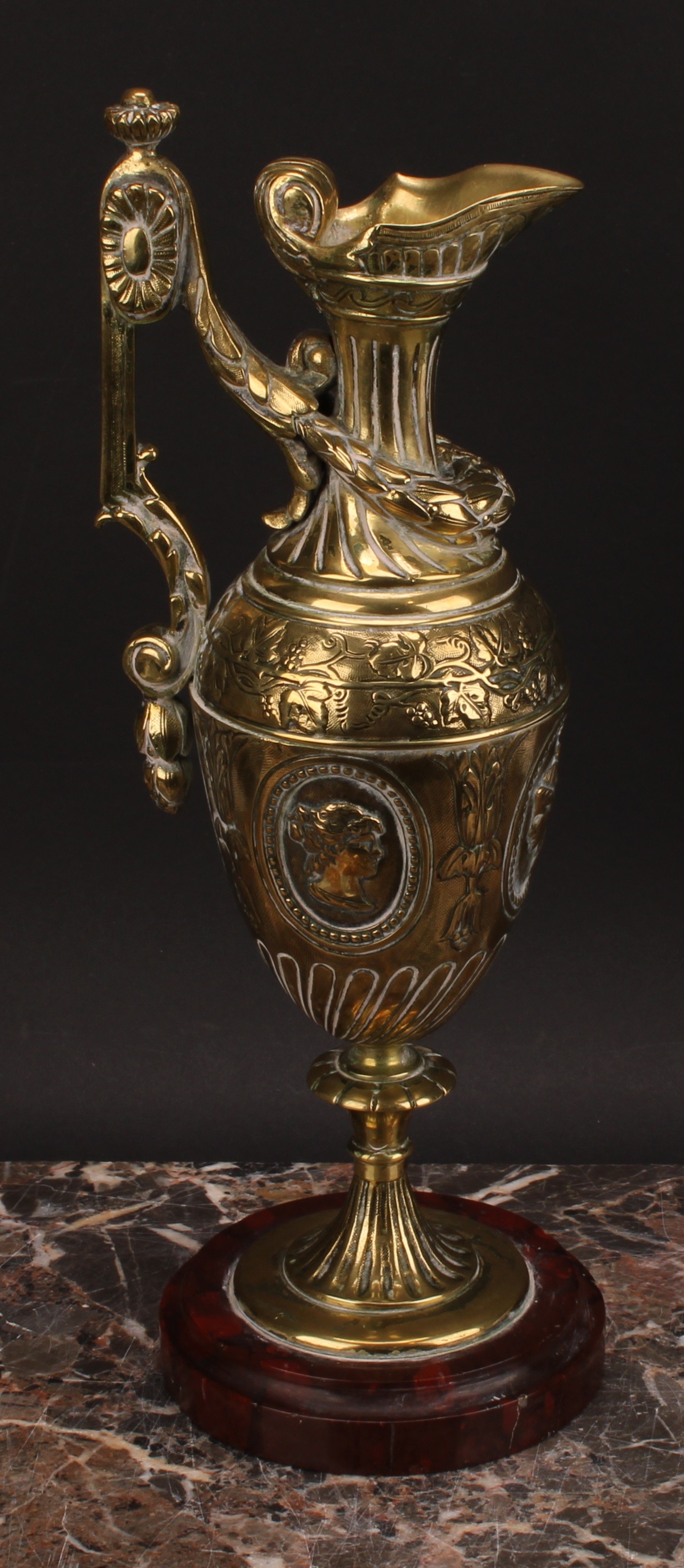 A 19th century Grand Tour bronze ewer, probably French, cast with portraits and fruiting vine, - Image 2 of 4