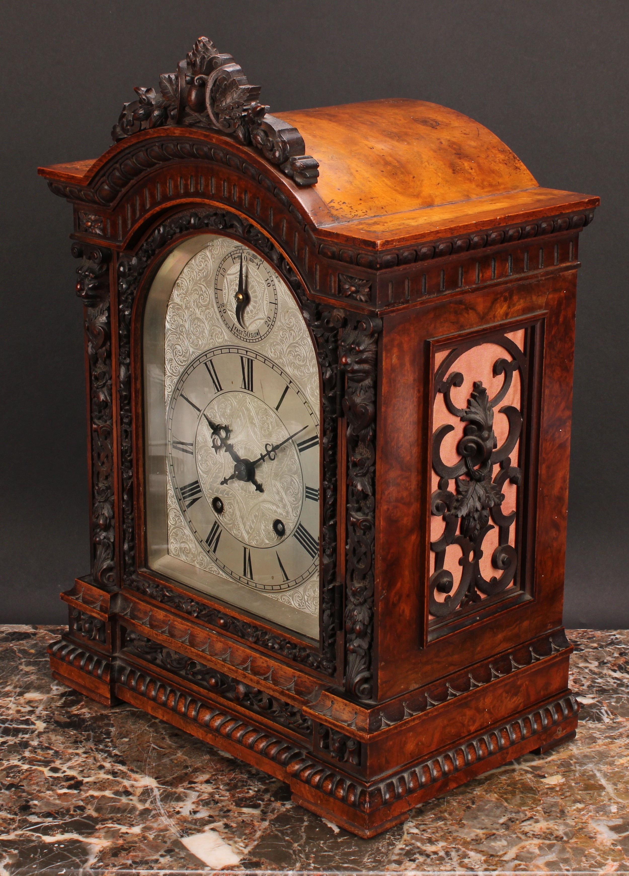 A Victorian walnut bracket clock, 15cm arched silvered dial profusely engraved with scrolling - Image 3 of 5