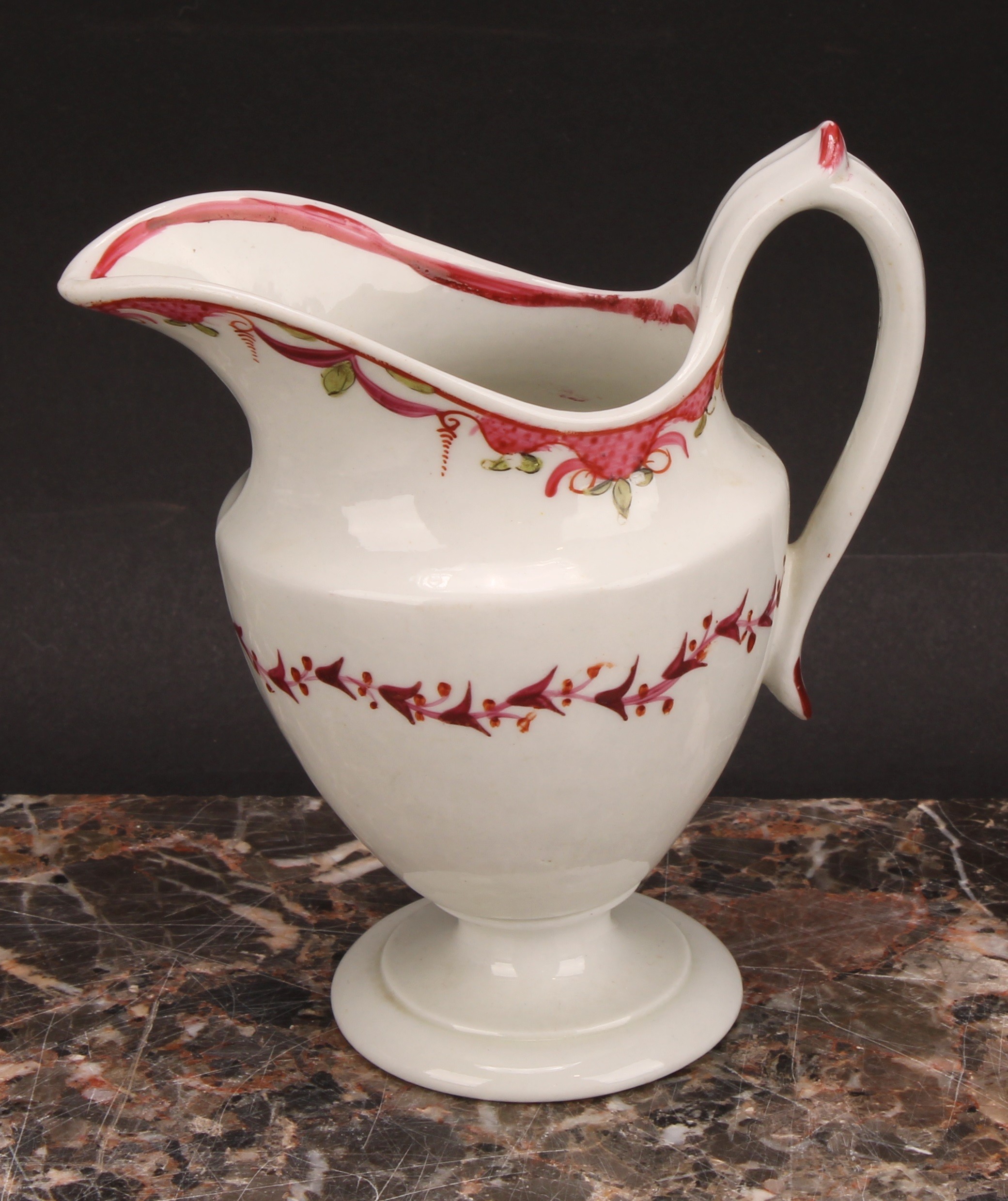 A Newhall helmet shaped cream jug, painted with scattered flowers, the interior with stylised floral - Image 3 of 12
