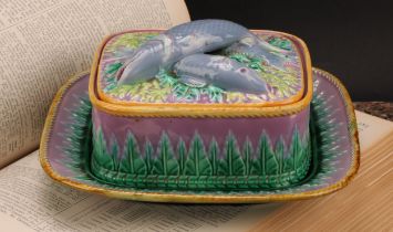 A George Jones majolica rounded rectangular sardine box and stand, the cover surmounted by fish,