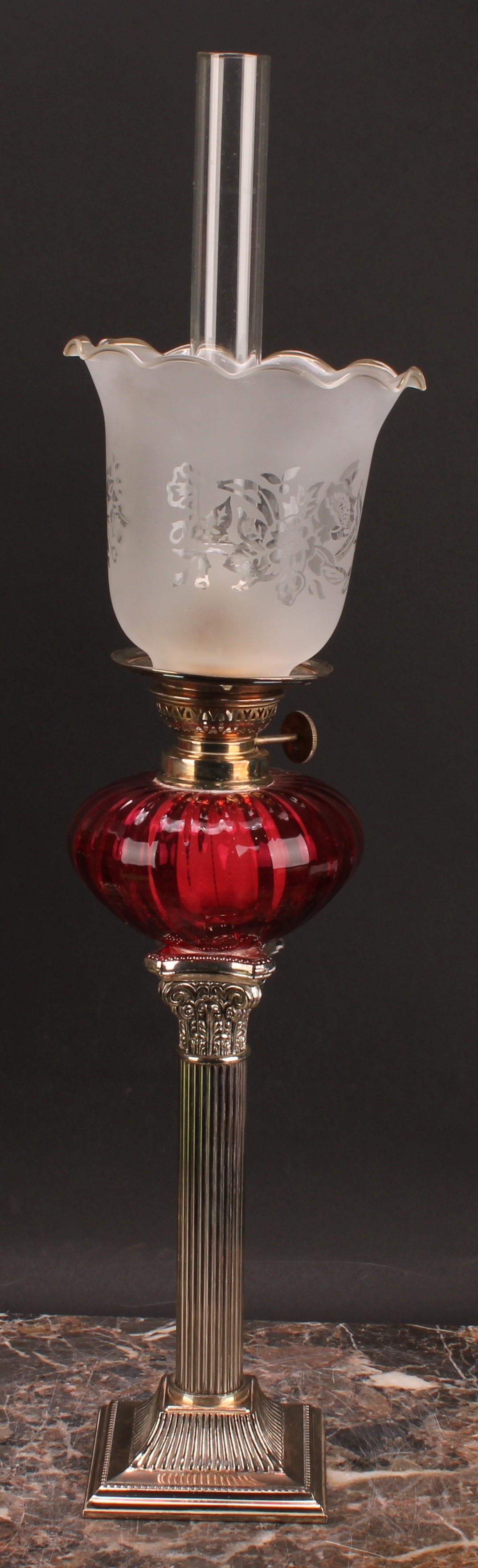 A pair of EPNS Corinthian column table oil lamps, frilled shades, fluted glass reservoirs, 54cm high - Image 3 of 6