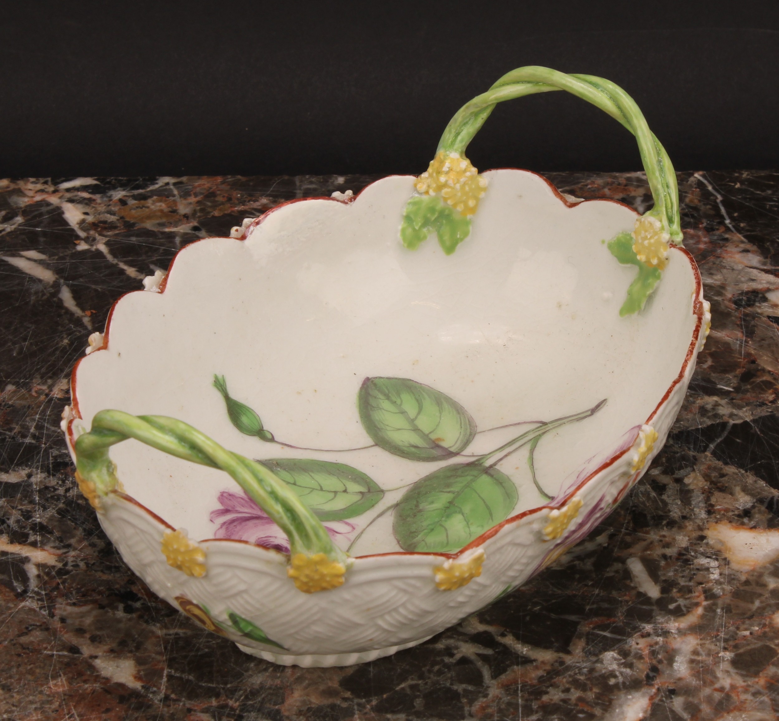 A Chelsea two-handled basket, painted with flowers, the exterior with basket weave moulding and - Image 3 of 4