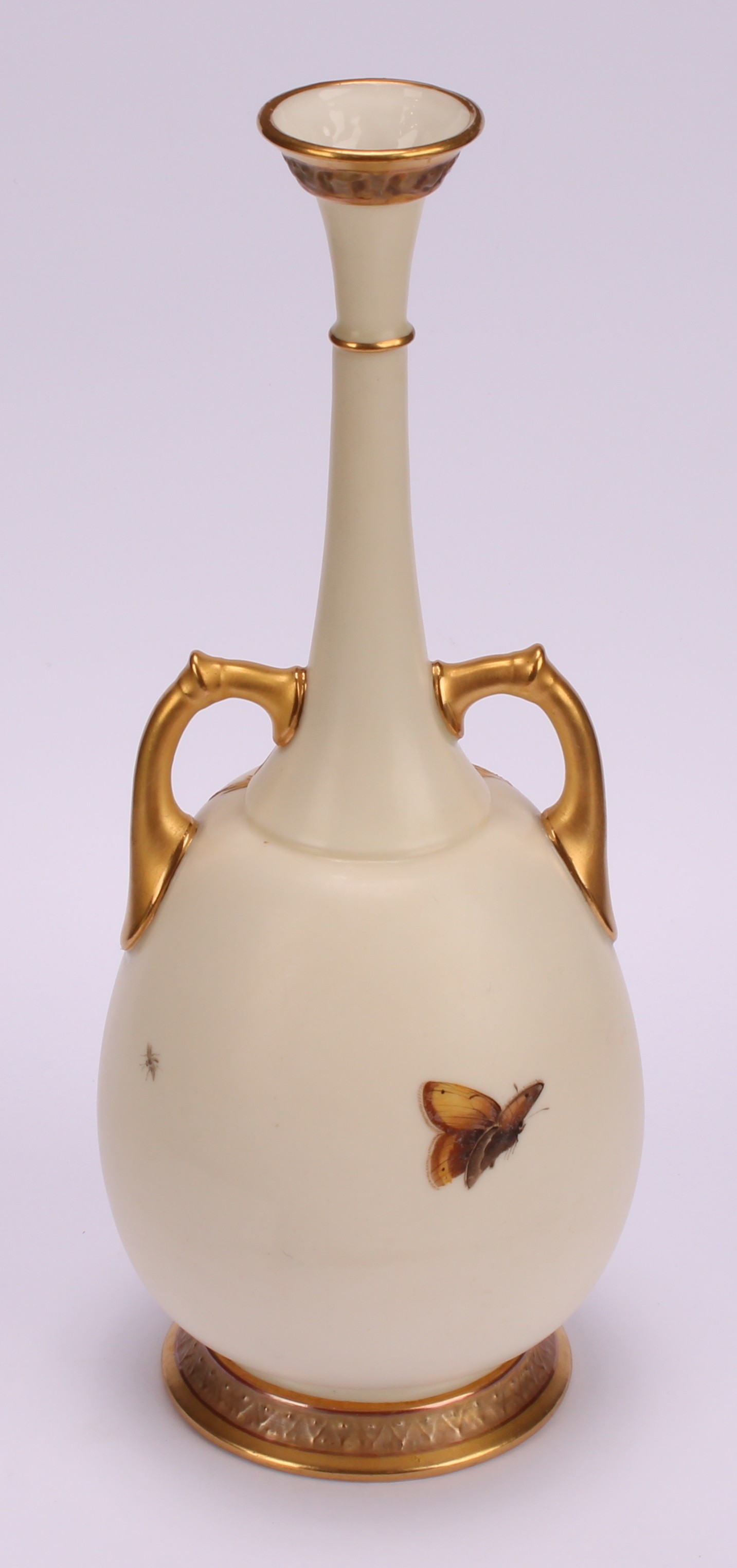 A pair of Royal Worcester two handled bottle vases, decorated in the Aesthetic manner with - Image 5 of 10